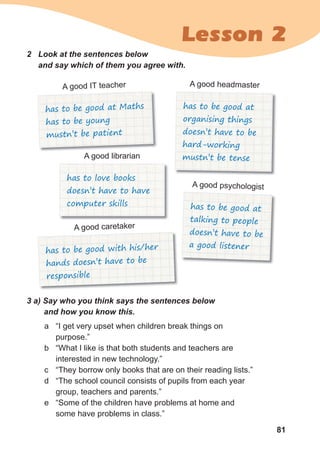 81
Lesson 2
2 Look at the sentences below
and say which of them you agree with.
3 a) Say who you think says the sentences below
and how you know this.
a “I get very upset when children break things on
purpose.”
b “What I like is that both students and teachers are
interested in new technology.”
c “They borrow only books that are on their reading lists.”
d “The school council consists of pupils from each year
group, teachers and parents.”
e “Some of the children have problems at home and
some have problems in class.”
has to be good at Maths
has to be young
mustn’t be patient
has to love books
doesn’t have to have
computer skills
has to be good with his/her
hands doesn’t have to be
responsible
has to be good at
talking to people
doesn’t have to be
a good listener
has to be good at
organising things
doesn’t have to be
hard-working
mustn’t be tense
A good IT teacher
A good librarian
A good caretaker
A good psychologist
A good headmaster
 