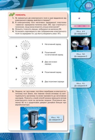 133
	
Поясніть
1.	 Як змінюється дія електричного поля в разі віддалення від
електричного заряду, який його створює?
2.	 В електричному полі негативно зарядженої пластинки
«зависла» заряджена пилинка (мал. 89). Що станеться з
пилинкою, якщо вона втратить кілька електронів?
3.	 Опишіть і поясніть явища, зображені на малюнку 90.
4.	 Установіть відповідність між зображенням електричного
поля та зарядами тіл, що його утворюють (мал. 91).
А
Б
В
Г
1	 Негативний заряд
2	 Позитивний 	
та негативний заряд
3	 Два негативні 	
заряди
4	 Позитивний заряд
5	 Два позитивні заряди
5.	 Людина, як і все живе, постійно перебуває в електроста-
тичному полі Землі, яке певним чином впливає на жит-
тєдіяльність організму та може призвести до негативних
наслідків. Поясніть у який спосіб можна зменшити вплив
електричного поля на організм людини. Розгляньте ма-
люнок 92 та з додаткових джерел дізнайся більше про
аеройонізатори.
Мал. 89.
До завдання 2
Мал. 90.
До завдання 3
Мал. 91.
До завдання 4
Мал. 92.
До завдання 5
 