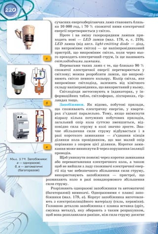 220
сучасних енергозберігаючих ламп становить близь­
ко 10 000 год, і 70 % спожитої ними електричної
енергії перетворюється у світло.
Проте і на зміну газорозрядним лампам при­
ходять нові  — LED лампи (мал.  178,  в, с. 219).
LED лампа (від англ. light-emitting diode  — діод, 
що випромінює світло)  — це напівпровідниковий
пристрій, що випромінює світло, коли через ньо­
го проходить електричний струм, їх ще називають
світлодіодними лампами.
Перевагами таких ламп є те, що близько 90 %
спожитої електричної енергії перетворюється у
світлову; можна розробляти лампи, що випромі­
нюють світло певного кольору. Колір світла, яке 
випромінює світлодіод, залежить від хімічного
складу напівпровідника, що використаний у ньому.
Світлодіоди застосовують в індикаторах, у ін­
формаційних табло, світлофорах, ліхтариках, гір­
ляндах тощо.
Запобіжники. Як відомо, побутові прилади,
що споживають електричну енергію, у кварти­
рах з’єднані паралельно. Тому, якщо ввімкнути
відразу кілька потужних побутових приладів,
загальний опір кола суттєво зменшиться, від­
повідно сила струму в колі значно зросте. Зна­
чне збільшення сили струму відбувається і в
разі короткого замикання  — з’єднання кінців
ділянки кола провідником, що має малий опір
порівняно з опором цієї ділянки. Коротке зами­
кання може виникнути й через порушення ізоляції 
проводів.
Щоб уникнути пожежі через коротке замикання 
або перевантаження електричного кола, а також 
щоб не вийшли з ладу споживачі електричної енер­
гії під час небезпечного збільшення сили струму,
використовують запобіжники  — пристрої, що 
розмикають коло в разі понаднормового збільшення
сили струму.
Розрізняють одноразові запобіжники та автоматичні
(багаторазові) вимикачі. Одноразовими є плавкі запо­
біжники (мал. 179, а). Корпус запобіжника виготовля­
ють з електроізоляційного матеріалу (скла, кераміки).
Головною деталлю запобіжника є плавка вставка (дріт,
смужка металу), яку обирають з таким розрахунком,
щоб вона розплавилася раніше, ніж сила струму досягне
а
б
в
Мал. 179. Запобіжники: 	
а — одноразові; 	
б, в — автоматичні 	
(багаторазові)
 