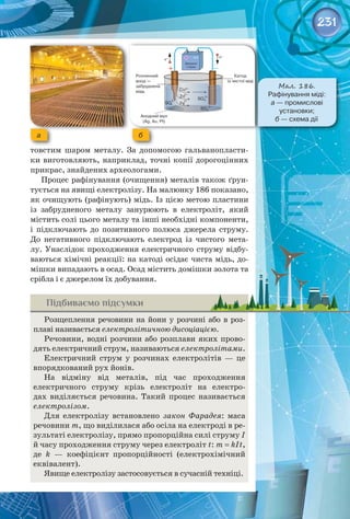 231
товстим шаром металу. За допомогою гальванопласти­
ки виготовляють, наприклад, точні копії дорогоцінних
прикрас, знайдених археологами.
Процес рафінування (очищення) металів також ґрун­
тується на явищі електролізу. На малюнку 186 показано,
як очищують (рафінують) мідь. Із цією метою пластини
із забрудненого металу занурюють в електроліт, який
містить солі цього металу та інші необхідні компоненти,
і підключають до позитивного полюса джерела струму.
До негативного підключають електрод із чистого мета­
лу. Унаслідок проходження електричного струму відбу­
ваються хімічні реакції: на катоді осідає чиста мідь, до­
мішки випадають в осад. Осад містить домішки золота та
срібла і є джерелом їх добування.
Підбиваємо підсумки
Розщеплення речовини на йони у розчині або в роз­
плаві називається електролітичною дисоціацією.
Речовини, водні розчини або розплави яких прово­
дять електричний струм, називаються електролітами.
Електричний струм у розчинах електролітів  — це
впорядкований рух йонів.
На відміну від металів, під час проходження 
електричного струму крізь електроліт на електро­
дах виділяється речовина. Такий процес називається 
електролізом.
Для електролізу встановлено закон Фарадея: маса
речовини m, що виділилася або осіла на електроді в ре­
зультаті електролізу, прямо пропорційна силі струму І
й часу проходження струму через електроліт t: m = kIt,
де k  — коефіцієнт пропорційності (електрохімічний
еквівалент).
Явище електролізу застосовується в сучасній техніці.
Мал. 186.
Рафінування міді: 	
а — промислові 	
установки; 	
б — схема дії
а б
 