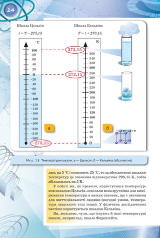 24
лась на 5 °С і становить 25 °С, то за абсолютною шкалою
температур це значення відпо­
відатиме 298,15 K, тобто
збільшилось на 5 K.
У побуті ми, як правило, користуємось температур­
ною шкалою Цельсія, оскільки вона зручніша для вимі­
рювання температури в межах значень, що є звичними
для життєдіяльності людини (погодні умови, темпера­
тура людського тіла тощо). У фізичних дослідженнях
частіше користуються шкалою Кельвіна.
Ви, можливо, чули, що існують й інші температурні
шкали, наприклад, шкала Фаренгейта.
a б
Мал. 18. Температурні шкали: а — Цельсія; б — Кельвіна (абсолютна)
 