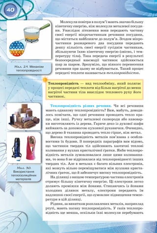 40
Молекули повітря в полум’ї мають значно більшу
кінетичну енергію, ніж молекули металевої посуди­
ни. Унаслідок зіткнення вони передають частину
своєї енергії мікрочастинкам речовини посудини,
що містяться найближче до полум’я. Згодом мікро­
частинки розжареного дна посудини передають
деяку кількість своєї енергії сусіднім частинкам,
збільшуючи їхню кінетичну енергію (звісно, і тем­
пературу тіла). Така передача енергії в результаті
безпосередньої взаємодії частинок здійснюється
шар за шаром. Зрозуміло, що ніякого перенесення
речовини при цьому не відбувається. Такий процес
передачі теплоти називається теплопровідністю.
Теплопровідність  — вид теплообміну, який полягає
у процесі передачі теплоти від більш нагрітої до менш
нагрітої частини тіла внаслідок теплового руху його
частинок.
Теплопровідність різних речовин. Чи всі речовини
мають однакову теплопровідність? Вам, мабуть, доводи­
лось помічати, що одні речовини проводять тепло кра­
ще, ніж інші. Ручку металевої сковороди або кавовар­
ки виготовляють із дерева. Гаряче деко із духової шафи
вийма­
ють за допомогою кухонної рукавички. Очевидно,
що дерево й тканина проводять тепло гірше, ніж метал.
Висока теплопровідність металів пов’язана з особли­
востями їх будови. З попередніх параграфів вам відомо,
що частинки твердих тіл здійснюють хаотичні теплові
коливання у вузлах кристалічної ґратки. Якби теплопро­
відність металів зумовлювалася лише цими коливання­
ми, то вона б не відрізнялася від теплопровідності інших
твердих тіл. Але в металах є багато вільних електронів,
які можуть вільно переміщуватися між вузлами криста­
лічних ґраток, що й забезпечує високу теплопровідність.
На ділянці з вищою температурою частина електронів
отримує більшу кінетичну енергію. Ці електрони легко
долають проміжки між йонами. Стикаючись із йонами 
холодних ділянок металу, електрони передають їм 
надлишок своєї енергії, що зумовлює підвищення темпе­
ратури в цій ділянці.
Рідини, за винятком розплавлених металів, наприклад
ртуті, мають погану теплопровідність. У газів теплопро­
відність ще менша, оскільки їхні молекули перебувають
Мал. 29. Механізм 	
теплопровідності
Мал. 30.
Використання 	
теплоізоляційних
матеріалів
 