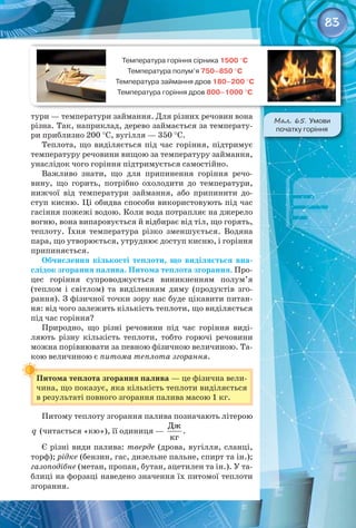 83
Температура горіння сірника 1500 °С
Температура полум’я 750–850 °С
Температура займання дров 180–200 °С
Температура горіння дров 800–1000 °С
Мал. 65. Умови 	
початку горіння
тури — температури займання. Для різних речовин вона
різна. Так, наприклад, дерево займається за температу­
ри приблизно 200 °С, вугілля — 350 °С.
Теплота, що виділяється під час горіння, підтримує
температуру речовини вищою за температуру займання,
унаслідок чого горіння підтримується самостійно.
Важливо знати, що для припинення горіння речо­
вину, що горить, потрібно охолодити до температури,
нижчої від температури займання, або припинити до­
ступ кисню. Ці обидва способи використовують під час
гасіння пожежі водою. Коли вода потрапляє на джерело
вогню, вона випаровується й відбирає від тіл, що горять,
теплоту. Їхня температура різко зменшується. Водяна
пара, що утворюється, утруднює доступ кисню, і горіння
припиняється.
Обчислення кількості теплоти, що виділяється вна-
слідок згорання палива. Питома теплота згорання. Про­
цес горіння супроводжується виникненням полум’я
(теплом і світлом) та виділенням диму (продуктів зго­
рання). З фізичної точки зору нас буде цікавити питан­
ня: від чого залежить кількість теплоти, що виділяється
під час горіння?
Природно, що різні речовини під час горіння виді­
ляють різну кількість теплоти, тобто горючі речовини
можна порівнювати за певною фізичною величиною. Та­
кою величиною є питома теплота згорання.
Питома теплота згорання палива — це фізична вели­
чина, що показує, яка кількість теплоти виділяється
в результаті повного згорання палива масою 1 кг.
Питому теплоту згорання палива позначають літерою
q (читається «кю»), її одиниця —
Дж
кг
.
Є різні види палива: тверде (дрова, вугілля, сланці,
торф); рідке (бензин, гас, дизельне пальне, спирт та ін.);
газоподібне (метан, пропан, бутан, ацетилен та ін.). У та­
блиці на форзаці наведено значення їх питомої теплоти
згорання.
 
