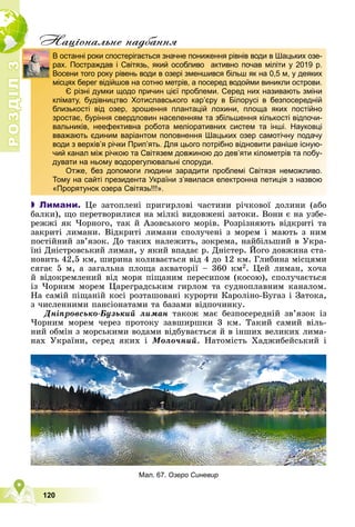 Р
О
З
Д
І
Л
3
3
120
Нацiональне надбання
 Лимани. Öå çàòîïëåíі ïðèãèðëîâі ÷àñòèíè ðі÷êîâîї äîëèíè (àáî
áàëêè), ùî ïåðåòâîðèëèñÿ íà ìіëêі âèäîâæåíі çàòîêè. Âîíè є íà óçáå-
ðåææі ÿê ×îðíîãî, òàê é Àçîâñüêîãî ìîðіâ. Ðîçðіçíÿþòü âіäêðèòі òà
çàêðèòі ëèìàíè. Âіäêðèòі ëèìàíè ñïîëó÷åíі ç ìîðåì і ìàþòü ç íèì
ïîñòіéíèé çâ’ÿçîê. Äî òàêèõ íàëåæèòü, çîêðåìà, íàéáіëüøèé â Óêðà-
їíі Äíіñòðîâñüêèé ëèìàí, ó ÿêèé âïàäàє ð. Äíіñòåð. Éîãî äîâæèíà ñòà-
íîâèòü 42,5 êì, øèðèíà êîëèâàєòüñÿ âіä 4 äî 12 êì. Ãëèáèíà ìіñöÿìè
ñÿãàє 5 ì, à çàãàëüíà ïëîùà àêâàòîðії – 360 êì2. Öåé ëèìàí, õî÷à
é âіäîêðåìëåíèé âіä ìîðÿ ïіùàíèì ïåðåñèïîì (êîñîþ), ñïîëó÷àєòüñÿ
іç ×îðíèì ìîðåì Öàðåãðàäñüêèì ãèðëîì òà ñóäíîïëàâíèì êàíàëîì.
Íà ñàìіé ïіùàíіé êîñі ðîçòàøîâàíі êóðîðòè Êàðîëіíî-Áóãàç і Çàòîêà,
ç ÷èñëåííèìè ïàíñіîíàòàìè òà áàçàìè âіäïî÷èíêó.
Äíіïðîâñüêî-Áóçüêèé ëèìàí òàêîæ ìàє áåçïîñåðåäíіé çâ’ÿçîê іç
×îðíèì ìîðåì ÷åðåç ïðîòîêó çàâøèðøêè 3 êì. Òàêèé ñàìèé âіëü-
íèé îáìіí ç ìîðñüêèìè âîäàìè âіäáóâàєòüñÿ é â іíøèõ âåëèêèõ ëèìà-
íàõ Óêðàїíè, ñåðåä ÿêèõ і Ìîëî÷íèé. Íàòîìіñòü Õàäæèáåéñüêèé і
д
В останні роки спостерігається значне пониження рівнів води в Шацьких озе-
рах. Постраждав і Світязь, який особливо активно почав міліти у 2019 р.
Восени того року рівень води в озері зменшився більш як на 0,5 м, у деяких
місцях берег відійшов на сотню метрів, а посеред водойми виникли острови.
Є різні думки щодо причин цієї проблеми. Серед них називають зміни
клімату, будівництво Хотиславського кар’єру в Білорусі в безпосередній
близькості від озер, зрошення плантацій лохини, площа яких постійно
зростає, буріння свердловин населенням та збільшення кількості відпочи-
вальників, неефективна робота меліоративних систем та інші. Науковці
вважають єдиним варіантом поповнення Шацьких озер самотічну подачу
води з верхів’я річки Прип’ять. Для цього потрібно відновити раніше існую-
чий канал між річкою та Світязем довжиною до дев’яти кілометрів та побу-
дувати на ньому водорегулювальні споруди.
Отже, без допомоги людини зарадити проблемі Світязя неможливо.
Тому на сайті президента України зʼявилася електронна петиція з назвою
«Прорятунок озера Світязь!!!».
Мал. 67. Озеро Синевир
 