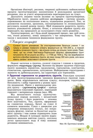 Р
О
З
Д
І
Л
Р
О
З
Д
І
Л
3
3
131
Îðãàíіçìè (áàêòåðії, ðîñëèíè, òâàðèíè) çäіéñíþþòü íàéâàæëèâіøі
ïðîöåñè ґðóíòîóòâîðåííÿ: íàêîïè÷åííÿ é ðîçêëàäàííÿ îðãàíі÷íîї
ðå÷îâèíè, ÿêà çà ó÷àñòі ìіêðîîðãàíіçìіâ ïåðåòâîðþєòüñÿ íà ãóìóñ.
Äіÿëüíіñòü ëþäèíè òàêîæ âïëèâàє íà ïðîöåñè ґðóíòîóòâîðåííÿ.
Îáðîáëÿþ÷è ґðóíò, ëþäèíà çäіéñíþє ìåëіîðàöіþ – ñèñòåìó çàõîäіâ,
ñïðÿìîâàíèõ íà ïîëіïøåííÿ çåìåëü, ïіäâèùåííÿ ðîäþ÷îñòі. Òàê, çà
äîïîìîãîþ îñóøåííÿ, çðîøåííÿ, ñíіãîçàòðèìàííÿ òà ëіñîíàñàäæåííÿ
ðåãóëþþòü âîäíèé ðåæèì ґðóíòó. Ùîá ïіäâèùèòè ðîäþ÷іñòü ґðóíòó,
âíîñÿòü ðіçíîìàíіòíі äîáðèâà. Îòæå, ç ïî÷àòêîì îáðîáêè ґðóíòó âіí
ïåðåõîäèòü âіä ïðèðîäíîãî äî êóëüòóðíîãî åòàïó ñâîãî ðîçâèòêó.
Ґðóíòîóòâîðåííÿ, ÿê і áóäü-ÿêèé ïðèðîäíèé ïðîöåñ, ìàє ñâіé ïî÷à-
òîê, åòàïè ðîçâèòêó, ïåâíó øâèäêіñòü і ÷àñ çàâåðøåííÿ. Òîìó ÷àñ
òàêîæ є âàæëèâèì ÷èííèêîì ôîðìóâàííÿ ґðóíòó.
Iсторiя географiï
Îêðåìі ÷àñòî÷êè â ґðóíòàõ, ñêëåєíі ãóìóñîì і ãëèíîþ â ãðóäî÷êè,
ôîðìóþòü ñòðóêòóðó ґðóíòó. Çàëåæíî âіä ôîðìè ãðóäî÷îê ñòðóêòóðó
ґðóíòó íàçèâàþòü çåðíèñòîþ, ãðóäêóâàòîþ, ãîðіõóâàòîþ, ïëèò÷àñòîþ,
ñòîâï÷àñòîþ, ïðèçìàòè÷íîþ, ëóñêóâàòîþ. Íàéêðàùèìè ñòðóêòóðàìè є
çåðíèñòà òà äðіáíîãðóäêóâàòà, ùî õàðàêòåðíі äëÿ ÷îðíîçåìіâ.
 Ґрунтові горизонти та родючість ґрунтів. Óíàñëіäîê ñóêóïíîї
äії âñіõ ґðóíòîóòâîðþâàëüíèõ ÷èííèêіâ ôîðìóþòüñÿ ґðóíòîâі ãîðè-
çîíòè. Âîíè âіäðіçíÿþòüñÿ âìіñòîì ãóìóñó, êîëüîðîì, ñòðóêòóðîþ.
Ïîòóæíіñòü і íàáіð ãîðèçîíòіâ ó ðіçíèõ ґðóí-
òіâ íåîäíàêîâі. Ïðîòå ó âåðòèêàëüíîìó ðîç-
ðіçі ґðóíòó – ґðóíòîâîìó ïðîôіëі – çàâæäè
âèäіëÿþòüñÿ ãóìóñîâèé ãîðèçîíò, ïåðåõіäíèé
ãîðèçîíò і ìàòåðèíñüêà ïîðîäà (ìàë. 69).
Âіä ìåõàíі÷íîãî ñêëàäó ґðóíòîóòâî-
ðþâàëüíîї ïîðîäè çàëåæèòü і ìåõàíі÷íèé
ñêëàä ґðóíòó, і éîãî ðîäþ÷іñòü – îñíîâíà
éîãî âëàñòèâіñòü. Òàê, ґðóíòè, ñôîðìîâàíі
íà ãëèíèñòèõ ïîðîäàõ, áàãàòі íà ãóìóñ é
åëåìåíòè æèâëåííÿ. Ãóìóñ є äæåðåëîì äëÿ
óòâîðåííÿ ìіíåðàëüíèõ ñïîëóê, ÿêі ïîêðà-
ùóþòü ôіçè÷íі, õіìі÷íі òà áіîëîãі÷íі âëàñòè-
âîñòі ґðóíòіâ і òèì ñàìèì ïіäâèùóþòü їõíþ
ðîäþ÷іñòü. Ïіùàíі é ñóïіùàíі ґðóíòè âіäðіç-
íÿþòüñÿ íèçüêèì âìіñòîì ãóìóñó, îñêіëüêè
ëåãêî ïðîïóñêàþòü âîäó é òîìó ïîæèâíі
ðå÷îâèíè âèìèâàþòüñÿ.
Сучасні ґрунти різновікові. За спостереженнями багатьох учених 1 см
гумусу в умовах помірного клімату формується за 100–200 р., а повний
профіль сучасного ґрунту – від кількох сотень до кількох тисяч років. Помі-
чено, що на стінах Кам’янець-Подільської фортеці сформувався ґрунт
потужністю 30 см усього за 230 р. – з 1700 до 1930 р. Під час видобування
вугілля в Донбасі виявлено ґрунти, вік яких понад 300 млн років, але вони
мають ознаки і властивості сучасних ґрунтів.
Мал. 69. Ґрунтовий профіль
 