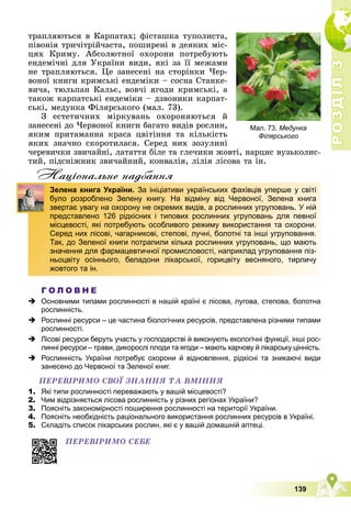 Р
О
З
Д
І
Л
Р
О
З
Д
І
Л
3
3
139
òðàïëÿþòüñÿ â Êàðïàòàõ; ôіñòàøêà òóïîëèñòà,
ïіâîíіÿ òðè÷іòðіé÷àñòà, ïîøèðåíі â äåÿêèõ ìіñ-
öÿõ Êðèìó. Àáñîëþòíîї îõîðîíè ïîòðåáóþòü
åíäåìі÷íі äëÿ Óêðàїíè âèäè, ÿêі çà її ìåæàìè
íå òðàïëÿþòüñÿ. Öå çàíåñåíі íà ñòîðіíêè ×åð-
âîíîї êíèãè êðèìñüêі åíäåìіêè – ñîñíà Ñòàíêå-
âè÷à, òþëüïàí Êàëüє, âîâ÷і ÿãîäè êðèìñüêі, à
òàêîæ êàðïàòñüêі åíäåìіêè – äçâîíèêè êàðïàò-
ñüêі, ìåäóíêà Ôіëÿðñüêîãî (ìàë. 73).
Ç åñòåòè÷íèõ ìіðêóâàíü îõîðîíÿþòüñÿ é
çàíåñåíі äî ×åðâîíîї êíèãè áàãàòî âèäіâ ðîñëèí,
ÿêèì ïðèòàìàííà êðàñà öâіòіííÿ òà êіëüêіñòü
ÿêèõ çíà÷íî ñêîðîòèëàñÿ. Ñåðåä íèõ çîçóëèíі
÷åðåâè÷êè çâè÷àéíі, ëàòàòòÿ áіëå òà ãëå÷èêè æîâòі, íàðöèñ âóçüêîëèñ-
òèé, ïіäñíіæíèê çâè÷àéíèé, êîíâàëіÿ, ëіëіÿ ëіñîâà òà іí.
Нацiональне надбання
Г О Л О В Н Е
 Основними типами рослинності в нашій країні є лісова, лугова, степова, болотна
рослинність.
 Рослинні ресурси – це частина біологічних ресурсів, представлена різними типами
рослинності.
 Лісові ресурси беруть участь у господарстві й виконують екологічні функції, інші рос-
линні ресурси – трави, дикорослі плоди та ягоди – мають харчову й лікарську цінність.
 Рослинність України потребує охорони й відновлення, рідкісні та зникаючі види
занесено до Червоної та Зеленої книг.
ÏÅÐÅÂІÐÈÌÎ ÑÂÎЇ ÇÍÀÍÍß ÒÀ ÂÌІÍÍß
1. Які типи рослинності переважають у вашій місцевості?
2. Чим відрізняється лісова рослинність у різних регіонах України?
3. Поясніть закономірності поширення рослинності на території України.
4. Поясніть необхідність раціонального використання рослинних ресурсів в Україні.
5. Складіть список лікарських рослин, які є у вашій домашній аптеці.
Зелена книга України. За ініціативи українських фахівців уперше у світі
було розроблено Зелену книгу. На відміну від Червоної, Зелена книга
звертає увагу на охорону не окремих видів, а рослинних угруповань. У ній
представлено 126 рідкісних і типових рослинних угруповань для певної
місцевості, які потребують особливого режиму використання та охорони.
Серед них лісові, чагарникові, степові, лучні, болотні та інші угруповання.
Так, до Зеленої книги потрапили кілька рослинних угруповань, що мають
значення для фармацевтичної промисловості, наприклад угруповання піз-
ньоцвіту осіннього, беладони лікарської, горицвіту весняного, тирличу
жовтого та ін.
ÏÅÐÅÂІÐÈÌÎ ÑÅÁÅ
Мал. 73. Медунка
Філярського
 