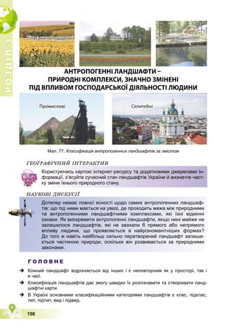 Р
О
З
Д
І
Л
Р
О
З
Д
І
Л
3
3
150
ÃÅÎÃÐÀÔІ×ÍÈÉ ІÍÒÅÐÀÊÒÈÂ
ÍÀÓÊÎÂІ ÄÈÑÊÓÑІЇ
Г О Л О В Н Е
 Кожний ландшафт відрізняється від інших і є неповторним як у просторі, так і
в часі.
 Класифікація ландшафтів дає змогу швидко їх розпізнавати та створювати ланд-
шафтні карти.
 В Україні основними класифікаційними категоріями ландшафтів є клас, підклас,
тип, підтип, вид і підвид.
Користуючись картою інтернет-ресурсу та додатковими джерелами ін-
формації, з’ясуйте сучасний стан ландшафтів України й визначте част-
ку зміни їхнього природного стану.
Ä
Дотепер немає повної ясності щодо самих антропогенних ландшаф-
тів: що під ними мається на увазі, де проходить межа між природними
та антропогенними ландшафтними комплексами, які їхні відмінні
ознаки. Як виокремити антропогенні ландшафти, якщо нині майже не
залишилося ландшафтів, які не зазнали б прямого або непрямого
впливу людини, що проявляється в найрізноманітніших формах?
До того ж навіть найбільш сильно перетворений ландшафт залиша-
ється частиною природи, оскільки він розвивається за природними
законами.
Мал. 77. Класифікація антропогенних ландшафтів за змістом
 