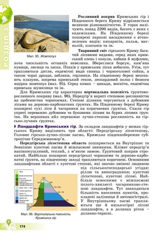 Р
О
З
Д
І
Л
Р
О
З
Д
І
Л
3
3
174
Ðîñëèííèé ïîêðèâ Êðèìñüêèõ ãіð і
Ïіâäåííîãî áåðåãà Êðèìó âіäðіçíÿєòüñÿ
âåëèêîþ ðіçíîìàíіòíіñòþ. Ó ãîðàõ íàëі-
÷óþòü ïîíàä 2200 âèäіâ, áàãàòî ç ÿêèõ є
åíäåìіêàìè. Íà Ïіâäåííîìó áåðåçі
ïîøèðåíі ïàðêîâі íàñàäæåííÿ ç âі÷íî-
çåëåíèõ âèäіâ: êèïàðèñіâ, ïàëüì, ìàã-
íîëіé, ïëàòàíіâ òà іí.
Òâàðèííèé ñâіò ãіðñüêîãî Êðèìó áàãà-
òèé ëіñîâèìè âèäàìè, ñåðåä ÿêèõ êðèì-
ñüêèé îëåíü і êîçóëÿ, êàáàíè é ìóôëîíè,
õî÷à ÷èñåëüíіñòü îñòàííіõ íåâåëèêà. Çáåðåãëèñÿ áîðñóê, êàì’ÿíà
êóíèöÿ, ëèñèöÿ òà ëàñêà. Ïòàõіâ ó êðèìñüêèõ ëіñàõ íåáàãàòî. Óòіì, òóò
òðàïëÿþòüñÿ äÿòëè, åíäåìі÷íі âèäè ñèíèöü і ÷îðíîãîëîâîї ñîéêè, à
òàêîæ ÷îðíі äðîçäè, çÿáëèêè, ãîðëèíêè. Íà ïіâäåííîìó áåðåçі ìåøêà-
þòü ïëàçóíè, çîêðåìà êðèìñüêèé ãåêîí, ëåîïàðäîâèé ïîëîç і áåçíîãà
ÿùіðêà æîâòîïóç (ìàë. 95). Ñåðåä êîìàõ – öèêàäè, ìîñêіòè, åíäåìі÷íà
êðèìñüêà æóæåëèöÿ òà іí.
Äëÿ Êðèìñüêèõ ãіð õàðàêòåðíà âåðòèêàëüíà ïîÿñíіñòü ґðóíòîâî-
ðîñëèííîãî ïîêðèâó (ìàë. 96). Ïåðåäãіð’ÿ âêðèòі ñòåïîâîþ ðîñëèííіñòþ
íà ùåáåíèñòèõ ÷îðíîçåìàõ. Ñòåïîâі äіëÿíêè ÷åðãóþòüñÿ ç äóáîâèìè
ëіñàìè íà äåðíîâî-êàðáîíàòíèõ ґðóíòàõ. Íà Ïіâäåííîìó áåðåçі Êðèìó
ïîøèðåíі ñóõі ëіñè é ÷àãàðíèêè íà êîðè÷íåâèõ ґðóíòàõ. Ñõèëè ãіð
óêðèòі ïåðåâàæíî äóáîâèìè òà áóêîâèìè ëіñàìè íà áóðèõ ëіñîâèõ ґðóí-
òàõ. Íà âåðøèíàõ ÿéë ïåðåâàæàє ëó÷íî-ñòåïîâà ðîñëèííіñòü íà ãіð-
ñüêî-ëó÷íèõ ґðóíòàõ.

 Ландшафти Кримських гір. Çà ñêëàäîì ëàíäøàôòіâ ó ìåæàõ ãіð-
ñüêîãî Êðèìó âèäіëÿþòü òðè îáëàñòі: Ïåðåäãіðñüêó ëіñîñòåïîâó,
Ãîëîâíå ãіðñüêî-ëó÷íî-ëіñîâå ïàñìî, Êðèìñüêå ïіâäåííîáåðåæíå ñóá-
òðîïі÷íå Ñåðåäçåìíîìîð’ÿ.
Ïåðåäãіðñüêà ëіñîñòåïîâà îáëàñòü ïîøèðþєòüñÿ íà Âíóòðіøíє òà
Çîâíіøíє êóåñòîâі ïàñìà é ìіæïàñìîâі çíèæåííÿ. Êëіìàò ïåðåäãіð’ÿ
íàïіâïîñóøëèâèé, òåïëèé, ç ì’ÿêîþ çèìîþ. Ґðóíòîâèé ïîêðèâ ñòðî-
êàòèé. Íàéáіëüø ïîøèðåíі ïåðåäãіðñüêі ÷îðíîçåìè òà äåðíîâî-êàðáî-
íàòíі ґðóíòè, íà ïіâäåííîìó çàõîäі òðàïëÿþòüñÿ êîðè÷íåâі. Îñíîâíèìè
ëàíäøàôòàìè îáëàñòі є êóåñòîâі ñòåïîâі, ÿêі çíà÷íî çìіíåíі ëþäèíîþ
ïіä ñіëüñüêîãîñïîäàðñüêі óãіääÿ:
ðіëëþ òà âèíîãðàäíèêè; êóåñòîâі
ëіñîñòåïîâі, êóåñòîâі ëіñîâі. Íàé-
áіëüø îñâîєíèìè є ìіæïàñìîâі
ïîëîãî-õâèëÿñòі ÷àãàðíèêîâî-ñòå-
ïîâі ëàíäøàôòè. Òóò çíàõîäèòüñÿ
áіëüøіñòü íàñåëåíèõ ïóíêòіâ, ïðî-
êëàäåíі çàëіçíèöÿ é àâòîìàãіñòðàëі.
Ó Âíóòðіøíüîìó ïàñìі òðàïëÿ-
þòüñÿ ùå é íèçüêîãіðíі ëіñîâі
ëàíäøàôòè, à â äîëèíàõ ðі÷îê –
äîëèííî-òåðàñíі.
Мал. 96. Вертикальна поясність
Кримських гір
Мал. 95. Жовтопуз
 