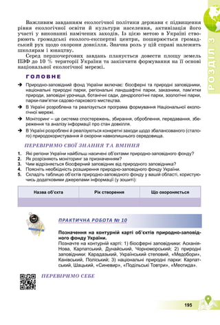 Р
О
З
Д
І
Л
Р
О
З
Д
І
Л
3
3
195
Âàæëèâèì çàâäàííÿì åêîëîãі÷íîї ïîëіòèêè äåðæàâè є ïіäâèùåííÿ
ðіâíÿ åêîëîãі÷íîї îñâіòè é êóëüòóðè íàñåëåííÿ, àêòèâіçàöіÿ éîãî
ó÷àñòі ó âèêîíàííі íàìі÷åíèõ çàõîäіâ. Іç öієþ ìåòîþ â Óêðàїíі ñòâî-
ðþþòü ãðîìàäñüêі åêîëîãî-åêñïåðòíі öåíòðè, ïîøèðþєòüñÿ ãðîìàä-
ñüêèé ðóõ ùîäî îõîðîíè äîâêіëëÿ. Çíà÷íà ðîëü ó öіé ñïðàâі íàëåæèòü
øêîëÿðàì і þíàöòâó.
Ñåðåä ïåðøî÷åðãîâèõ çàâäàíü ïëàíóєòüñÿ äîâåñòè ïëîùó çåìåëü
ÏÇÔ äî 10 % òåðèòîðії Óêðàїíè òà çàêіí÷èòè ôîðìóâàííÿ íà її îñíîâі
íàöіîíàëüíîї åêîëîãі÷íîї ìåðåæі.
Г О Л О В Н Е
 Природно-заповідний фонд України включає: біосферні та природні заповідники,
національні природні парки, регіональні ландшафтні парки, заказники, пам’ятки
природи, заповідні урочища, ботанічні сади, дендрологічні парки, зоологічні парки,
парки-пам’ятки садово-паркового мистецтва.
 В Україні розроблена та реалізується програма формування Національної еколо-
гічної мережі.
 Моніторинг – це система спостережень, збирання, оброблення, передавання, збе-
реження та аналізу інформації про стан довкілля.
 В Україні розроблені й реалізуються конкретні заходи щодо збалансованого (стало-
го) природокористування й охорони навколишнього середовища.
ÏÅÐÅÂІÐÈÌÎ ÑÂÎЇ ÇÍÀÍÍß ÒÀ ÂÌІÍÍß
1. Які регіони України найбільш насичені об’єктами природно-заповідного фонду?
2. Як розрізняють моніторинг за призначенням?
3. Чим відрізняється біосферний заповідник від природного заповідника?
4. Поясніть необхідність розширення природно-заповідного фонду України.
5. Складіть таблицю об’єктів природно-заповідного фонду у вашій області, користую-
чись додатковими джерелами інформації (у зошиті):
Рік створення Що охороняється
ПРАКТИЧНА РОБОТА № 10
Позначення на контурній карті об’єктів природно-заповід-
ного фонду України.
Позначте на контурній карті: 1) біосферні заповідники: Асканія-
Нова, Карпатський, Дунайський, Чорноморський; 2) природні
заповідники: Карадазький, Український степовий, «Медобори»,
Канівський, Поліський; 3) національні природні парки: Карпат-
ський, Шацький, «Синевир», «Подільські Товтри», «Меотида».
ПРАКТИЧНА РОБОТА
А № 10
ÏÅÐÅÂІÐÈÌÎ ÑÅÁÅ
 