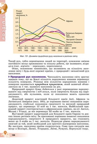 Р
О
З
Д
Д
Д
Д
Д
Д
І
Л
4
Р
О
З
Д
Д
І
Л
4
198
Òàêèé ðóõ, òîáòî ïåðåìіùåííÿ ëþäåé ïî òåðèòîðії, çóìîâëåíå çìіíîþ
ïîñòіéíîãî ìіñöÿ ïðîæèâàííÿ òà ïîøóêó ðîáîòè, ùå íàçèâàþòü ìіãðà-
öієþ (ëàò. ìigratio – ïåðåõîäæó, ïåðåñåëÿþñü).
Îòæå, îñíîâíèìè ÷èííèêàìè, ùî âïëèâàþòü íà êіëüêіñòü íàñå-
ëåííÿ ñâіòó і áóäü-ÿêîї îêðåìîї êðàїíè, є ïðèðîäíèé і ìåõàíі÷íèé ðóõ
íàñåëåííÿ.

 Природний рух населення. ×èñåëüíіñòü íàñåëåííÿ ñâіòó çðîñòàє
çàâäÿêè òîìó, ùî íà Çåìëі êіëüêіñòü íàðîäæåíèõ æèâèìè ïåðåâèùóє
êіëüêіñòü ïîìåðëèõ. Ðіçíèöÿ ìіæ êіëüêіñòþ íàðîäæåíèõ æèâèìè і
ïîìåðëèõ íàçèâàєòüñÿ ïðèðîäíèì ïðèðîñòîì, ÿêèé çàçâè÷àé îá÷èñ-
ëþєòüñÿ íà 1 òèñ. íàÿâíîãî íàñåëåííÿ íà ðіê.
Ïðèðîäíèé ïðèðіñò áóâàє äîäàòíèì ó ðàçі ïåðåâèùåííÿ íàðîäæó-
âàíîñòі íàä ñìåðòíіñòþ і âіä’єìíèì, êîëè ñìåðòíіñòü áіëüøà âіä íàðî-
äæóâàíîñòі, àáî íóëüîâèì, êîëè öі ïîêàçíèêè ìàþòü îäíàêîâå
çíà÷åííÿ.
Äîäàòíèé ïðèðіñò âëàñòèâèé áіëüøîñòі êðàїí Àçії, Àôðèêè òà
Ëàòèíñüêîї Àìåðèêè (ìàë. 101), äå ïîðіâíÿíî âèñîêі ïîêàçíèêè íàðî-
äæóâàíîñòі, ñòàáіëüíі ïîêàçíèêè ñìåðòíîñòі òà âèñîêèé ïðèðîäíèé
ïðèðіñò, ùî ïåðåâèùóє 12 îñіá íà 1 òèñ. æèòåëіâ. Íàéáіëüøèé ïðè-
ðîäíèé ïðèðіñò ñïîñòåðіãàєòüñÿ â àôðèêàíñüêèõ êðàїíàõ, ÿê-îò: Àíãîëі,
Ìàëàâі і Óãàíäі, äå âіí ïåðåâèùóє 32 îñîáè íà 1 òèñ. æèòåëіâ.
Âіä’єìíèé ïðèðіñò õàðàêòåðíèé äëÿ áіëüøîñòі êðàїí Єâðîïè òà äåÿ-
êèõ іíøèõ ðåãіîíіâ ñâіòó. Їì ïðèòàìàííі ïîðіâíÿíî íåâèñîêі ïîêàçíèêè
íàðîäæóâàíîñòі, ñìåðòíîñòі é ïðèðîäíîãî ïðèðîñòó, ùî ñòàíîâèòü
ìåíø ÿê 3 îñîáè íà 1 òèñ. æèòåëіâ. Ïîäåêóäè ðіâåíü íàðîäæóâàíîñòі
íèæ÷èé çà òîé, ÿêèé íåîáõіäíèé äëÿ ïðîñòîãî âіäòâîðåííÿ íàñåëåííÿ.
ßê íàñëіäîê, íàñåëåííÿ êðàїíè ñêîðî÷óєòüñÿ. Ñàìå òàêà ñèòóàöіÿ ìàє
ìіñöå â Áîëãàðії, Ëàòâії, Óãîðùèíі, Ëèòâі, Ðóìóíії, Ïîðòóãàëії òîùî.
Мал. 101. Динаміка природного руху населення в регіонах світу
 