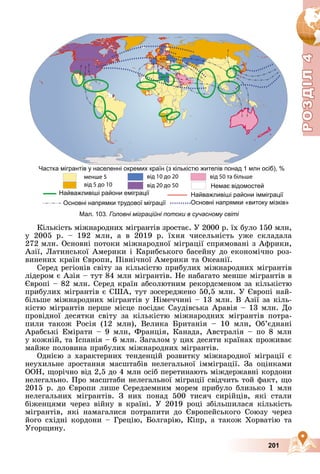 Р
О
З
Д
Р
О
З
Д
Д
І
Л
Д
І
Л
Р
Р
О
О
З
З
Д
Д
І
І
Л
Л
4
4
4
4
4
4
201
Êіëüêіñòü ìіæíàðîäíèõ ìіãðàíòіâ çðîñòàє. Ó 2000 ð. їõ áóëî 150 ìëí,
ó 2005 ð. – 192 ìëí, à â 2019 ð. їõíÿ ÷èñåëüíіñòü óæå ñêëàäàëà
272 ìëí. Îñíîâíі ïîòîêè ìіæíàðîäíîї ìіãðàöії ñïðÿìîâàíі ç Àôðèêè,
Àçії, Ëàòèíñüêîї Àìåðèêè і Êàðèáñüêîãî áàñåéíó äî åêîíîìі÷íî ðîç-
âèíåíèõ êðàїí Єâðîïè, Ïіâíі÷íîї Àìåðèêè òà Îêåàíії.
Ñåðåä ðåãіîíіâ ñâіòó çà êіëüêіñòþ ïðèáóëèõ ìіæíàðîäíèõ ìіãðàíòіâ
ëіäåðîì є Àçіÿ – òóò 84 ìëí ìіãðàíòіâ. Íå íàáàãàòî ìåíøå ìіãðàíòіâ â
Єâðîïі – 82 ìëí. Ñåðåä êðàїí àáñîëþòíèì ðåêîðäñìåíîì çà êіëüêіñòþ
ïðèáóëèõ ìіãðàíòіâ є ÑØÀ, òóò çîñåðåäæåíî 50,5 ìëí. Ó Єâðîïі íàé-
áіëüøå ìіæíàðîäíèõ ìіãðàíòіâ ó Íіìå÷÷èíі – 13 ìëí. Â Àçії çà êіëü-
êіñòþ ìіãðàíòіâ ïåðøå ìіñöå ïîñіäàє Ñàóäіâñüêà Àðàâіÿ – 13 ìëí. Äî
ïðîâіäíîї äåñÿòêè ñâіòó çà êіëüêіñòþ ìіæíàðîäíèõ ìіãðàíòіâ ïîòðà-
ïèëè òàêîæ Ðîñіÿ (12 ìëí), Âåëèêà Áðèòàíіÿ – 10 ìëí, Îá’єäíàíі
Àðàáñüêі Åìіðàòè – 9 ìëí, Ôðàíöіÿ, Êàíàäà, Àâñòðàëіÿ – ïî 8 ìëí
ó êîæíіé, òà Іñïàíіÿ – 6 ìëí. Çàãàëîì ó öèõ äåñÿòè êðàїíàõ ïðîæèâàє
ìàéæå ïîëîâèíà ïðèáóëèõ ìіæíàðîäíèõ ìіãðàíòіâ.
Îäíієþ ç õàðàêòåðíèõ òåíäåíöіé ðîçâèòêó ìіæíàðîäíîї ìіãðàöії є
íåóõèëüíå çðîñòàííÿ ìàñøòàáіâ íåëåãàëüíîї іììіãðàöії. Çà îöіíêàìè
ÎÎÍ, ùîðі÷íî âіä 2,5 äî 4 ìëí îñіá ïåðåòèíàþòü ìіæäåðæàâíі êîðäîíè
íåëåãàëüíî. Ïðî ìàñøòàáè íåëåãàëüíîї ìіãðàöії ñâіä÷èòü òîé ôàêò, ùî
2015 ð. äî Єâðîïè ëèøå Ñåðåäçåìíèì ìîðåì ïðèáóëî áëèçüêî 1 ìëí
íåëåãàëüíèõ ìіãðàíòіâ. Ç íèõ ïîíàä 500 òèñÿ÷ ñèðіéöіâ, ÿêі ñòàëè
áіæåíöÿìè ÷åðåç âіéíó â êðàїíі. Ó 2019 ðîöі çáіëüøèëàñÿ êіëüêіñòü
ìіãðàíòіâ, ÿêі íàìàãàëèñÿ ïîòðàïèòè äî Єâðîïåéñüêîãî Ñîþçó ÷åðåç
éîãî ñõіäíі êîðäîíè – Ãðåöіþ, Áîëãàðіþ, Êіïð, à òàêîæ Õîðâàòіþ òà
Óãîðùèíó.
Мал. 103. Головні міграційні потоки в сучасному світі
 