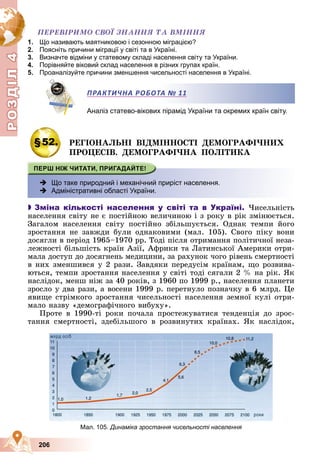 Р
О
З
Д
Д
Д
Д
Д
Д
І
Л
4
Р
О
З
Д
Д
І
Л
4
206
ÏÅÐÅÂІÐÈÌÎ ÑÂÎЇ ÇÍÀÍÍß ÒÀ ÂÌІÍÍß
1. Що називають маятниковою і сезонною міграцією?
2. Поясніть причини міграції у світі та в Україні.
3. Визначте відміни у статевому складі населення світу та України.
4. Порівняйте віковий склад населення в різних групах країн.
5. Проаналізуйте причини зменшення чисельності населення в Україні.
ПРАКТИЧНА РОБОТА № 11
Аналіз статево-вікових пірамід України та окремих країн світу.
§52. ÐÅÃІÎÍÀËÜÍІ ÂІÄÌІÍÍÎÑÒІ ÄÅÌÎÃÐÀÔІ×ÍÈÕ
ÏÐÎÖÅÑІÂ. ÄÅÌÎÃÐÀÔІ×ÍÀ ÏÎËІÒÈÊÀ
 Що таке природний і механічний приріст населення.
 Адміністративні області України.

 Зміна кількості населення у світі та в Україні. ×èñåëüíіñòü
íàñåëåííÿ ñâіòó íå є ïîñòіéíîþ âåëè÷èíîþ і ç ðîêó â ðіê çìіíþєòüñÿ.
Çàãàëîì íàñåëåííÿ ñâіòó ïîñòіéíî çáіëüøóєòüñÿ. Îäíàê òåìïè éîãî
çðîñòàííÿ íå çàâæäè áóëè îäíàêîâèìè (ìàë. 105). Ñâîãî ïіêó âîíè
äîñÿãëè â ïåðіîä 1965–1970 ðð. Òîäі ïіñëÿ îòðèìàííÿ ïîëіòè÷íîї íåçà-
ëåæíîñòі áіëüøіñòü êðàїí Àçії, Àôðèêè òà Ëàòèíñüêîї Àìåðèêè îòðè-
ìàëà äîñòóï äî äîñÿãíåíü ìåäèöèíè, çà ðàõóíîê ÷îãî ðіâåíü ñìåðòíîñòі
â íèõ çìåíøèâñÿ ó 2 ðàçè. Çàâäÿêè ïåðåäóñіì êðàїíàì, ùî ðîçâèâà-
þòüñÿ, òåìïè çðîñòàííÿ íàñåëåííÿ ó ñâіòі òîäі ñÿãàëè 2 % íà ðіê. ßê
íàñëіäîê, ìåíø íіæ çà 40 ðîêіâ, ç 1960 ïî 1999 ð., íàñåëåííÿ ïëàíåòè
çðîñëî ó äâà ðàçè, à âîñåíè 1999 ð. ïåðåòíóëî ïîçíà÷êó â 6 ìëðä. Öå
ÿâèùå ñòðіìêîãî çðîñòàííÿ ÷èñåëüíîñòі íàñåëåííÿ çåìíîї êóëі îòðè-
ìàëî íàçâó «äåìîãðàôі÷íîãî âèáóõó».
Ïðîòå â 1990-òі ðîêè ïî÷àëà ïðîñòåæóâàòèñÿ òåíäåíöіÿ äî çðîñ-
òàííÿ ñìåðòíîñòі, çäåáіëüøîãî â ðîçâèíóòèõ êðàїíàõ. ßê íàñëіäîê,
ПРАКТИЧНА РОБОТА
А № 11
Мал. 105. Динаміка зростання чисельності населення
 