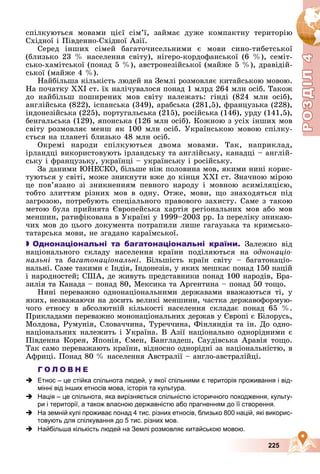 Р
О
З
Д
Р
О
З
Д
Д
І
Л
Д
І
Л
Р
Р
О
О
З
З
Д
Д
І
І
Л
Л
4
4
4
4
4
4
225
ñïіëêóþòüñÿ ìîâàìè öієї ñіì’ї, çàéìàє äóæå êîìïàêòíó òåðèòîðіþ
Ñõіäíîї і Ïіâäåííî-Ñõіäíîї Àçії.
Ñåðåä іíøèõ ñіìåé áàãàòî÷èñåëüíèìè є ìîâè ñèíî-òèáåòñüêîї
(áëèçüêî 23 % íàñåëåííÿ ñâіòó), íіãåðî-êîðäîôàíñüêîї (6 %), ñåìіò-
ñüêî-õàìіòñüêîї (ïîíàä 5 %), àâñòðîíåçіéñüêîї (ìàéæå 5 %), äðàâіäіé-
ñüêîї (ìàéæå 4 %).
Íàéáіëüøà êіëüêіñòü ëþäåé íà Çåìëі ðîçìîâëÿє êèòàéñüêîþ ìîâîþ.
Íà ïî÷àòêó XXI ñò. їõ íàëі÷óâàëîñÿ ïîíàä 1 ìëðä 264 ìëí îñіá. Òàêîæ
äî íàéáіëüø ïîøèðåíèõ ìîâ ñâіòó íàëåæàòü: ãіíäі (824 ìëí îñіá),
àíãëіéñüêà (822), іñïàíñüêà (349), àðàáñüêà (281,5), ôðàíöóçüêà (228),
іíäîíåçіéñüêà (225), ïîðòóãàëüñüêà (215), ðîñіéñüêà (146), óðäó (141,5),
áåíãàëüñüêà (129), ÿïîíñüêà (126 ìëí îñіá). Êîæíîþ ç óñіõ іíøèõ ìîâ
ñâіòó ðîçìîâëÿє ìåíø ÿê 100 ìëí îñіá. Óêðàїíñüêîþ ìîâîþ ñïіëêó-
єòüñÿ íà ïëàíåòі áëèçüêî 48 ìëí îñіá.
Îêðåìі íàðîäè ñïіëêóþòüñÿ äâîìà ìîâàìè. Òàê, íàïðèêëàä,
іðëàíäöі âèêîðèñòîâóþòü іðëàíäñüêó òà àíãëіéñüêó, êàíàäöі – àíãëіé-
ñüêó і ôðàíöóçüêó, óêðàїíöі – óêðàїíñüêó і ðîñіéñüêó.
Çà äàíèìè ÞÍÅÑÊÎ, áіëüøå íіæ ïîëîâèíà ìîâ, ÿêèìè íèíі êîðèñ-
òóþòüñÿ ó ñâіòі, ìîæå çíèêíóòè âæå äî êіíöÿ XXI ñò. Çíà÷íîþ ìіðîþ
öå ïîâ’ÿçàíî çі çíèêíåííÿì ïåâíîãî íàðîäó і ìîâíîþ àñèìіëÿöієþ,
òîáòî çëèòòÿì ðіçíèõ ìîâ â îäíó. Îòæå, ìîâè, ùî çíàõîäÿòüñÿ ïіä
çàãðîçîþ, ïîòðåáóþòü ñïåöіàëüíîãî ïðàâîâîãî çàõèñòó. Ñàìå ç òàêîþ
ìåòîþ áóëà ïðèéíÿòà Єâðîïåéñüêà õàðòіÿ ðåãіîíàëüíèõ ìîâ àáî ìîâ
ìåíøèí, ðàòèôіêîâàíà â Óêðàїíі ó 1999–2003 pp. Іç ïåðåëіêó çíèêàþ-
÷èõ ìîâ äî öüîãî äîêóìåíòà ïîòðàïèëè ëèøå ãàãàóçüêà òà êðèìñüêî-
òàòàðñüêà ìîâè, íå çãàäàíî êàðàїìñüêîї.

 Однонаціональні та багатонаціональні країни. Çàëåæíî âіä
íàöіîíàëüíîãî ñêëàäó íàñåëåííÿ êðàїíè ïîäіëÿþòüñÿ íà îäíîíàöіî-
íàëüíі òà áàãàòîíàöіîíàëüíі. Áіëüøіñòü êðàїí ñâіòó – áàãàòîíàöіî-
íàëüíі. Ñàìå òàêèìè є Іíäіÿ, Іíäîíåçіÿ, ó ÿêèõ ìåøêàє ïîíàä 150 íàöіé
і íàðîäíîñòåé; ÑØÀ, äå æèâóòü ïðåäñòàâíèêè ïîíàä 100 íàðîäіâ, Áðà-
çèëіÿ òà Êàíàäà – ïîíàä 80, Ìåêñèêà òà Àðãåíòèíà – ïîíàä 50 òîùî.
Íèíі ïåðåâàæíî îäíîíàöіîíàëüíèìè äåðæàâàìè ââàæàþòüñÿ òі, ó
ÿêèõ, íåçâàæàþ÷è íà äîñèòü âåëèêі ìåíøèíè, ÷àñòêà äåðæàâîôîðìóþ-
÷îãî åòíîñó â àáñîëþòíіé êіëüêîñòі íàñåëåííÿ ñêëàäàє ïîíàä 65 %.
Ïðèêëàäàìè ïåðåâàæíî ìîíîíàöіîíàëüíèõ äåðæàâ ó Єâðîïі є Áіëîðóñü,
Ìîëäîâà, Ðóìóíіÿ, Ñëîâà÷÷èíà, Òóðå÷÷èíà, Ôіíëÿíäіÿ òà іí. Äî îäíî-
íàöіîíàëüíèõ íàëåæèòü і Óêðàїíà. Â Àçії íàöіîíàëüíî îäíîðіäíèìè є
Ïіâäåííà Êîðåÿ, ßïîíіÿ, Єìåí, Áàíãëàäåø, Ñàóäіâñüêà Àðàâіÿ òîùî.
Òàê ñàìî ïåðåâàæàþòü êðàїíè, âіäíîñíî îäíîðіäíі çà íàöіîíàëüíіñòþ, â
Àôðèöі. Ïîíàä 80 % íàñåëåííÿ Àâñòðàëії – àíãëî-àâñòðàëіéöі.
Г О Л О В Н Е
 Етнос – це стійка спільнота людей, у якої спільними є територія проживання і від-
мінні від інших етносів мова, історія та культура.
 Нація – це спільнота, яка вирізняється спільністю історичного походження, культу-
ри і території, а також власною державністю або прагненням до її створення.
 На земній кулі проживає понад 4 тис. різних етносів, близько 800 націй, які викорис-
товують для спілкування до 5 тис. різних мов.
 Найбільша кількість людей на Землі розмовляє китайською мовою.
 