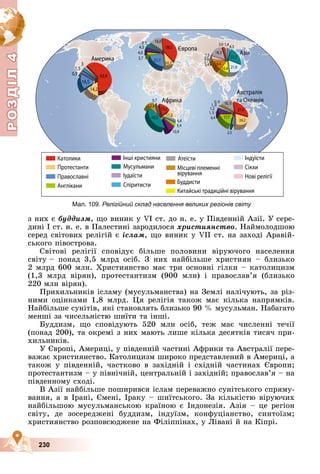 Р
О
З
Д
Д
Д
Д
Д
Д
І
Л
4
Р
О
З
Д
Д
І
Л
4
230
Мал. 109. Релігійний склад населення великих регіонів світу
ç íèõ є áóääèçì, ùî âèíèê ó VI ñò. äî í. å. ó Ïіâäåííіé Àçії. Ó ñåðå-
äèíі І ñò. í. å. â Ïàëåñòèíі çàðîäèëîñÿ õðèñòèÿíñòâî. Íàéìîëîäøîþ
ñåðåä ñâіòîâèõ ðåëіãіé є іñëàì, ùî âèíèê ó VIІ ñò. íà çàõîäі Àðàâіé-
ñüêîãî ïіâîñòðîâà.
Ñâіòîâі ðåëіãії ñïîâіäóє áіëüøå ïîëîâèíè âіðóþ÷îãî íàñåëåííÿ
ñâіòó – ïîíàä 3,5 ìëðä îñіá. Ç íèõ íàéáіëüøå õðèñòèÿí – áëèçüêî
2 ìëðä 600 ìëí. Õðèñòèÿíñòâî ìàє òðè îñíîâíі ãіëêè – êàòîëèöèçì
(1,3 ìëðä âіðÿí), ïðîòåñòàíòèçì (900 ìëí) і ïðàâîñëàâ’ÿ (áëèçüêî
220 ìëí âіðÿí).
Ïðèõèëüíèêіâ іñëàìó (ìóñóëüìàíñòâà) íà Çåìëі íàëі÷óþòü, çà ðіç-
íèìè îöіíêàìè 1,8 ìëðä. Öÿ ðåëіãіÿ òàêîæ ìàє êіëüêà íàïðÿìêіâ.
Íàéáіëüøå ñóíіòіâ, ÿêі ñòàíîâëÿòü áëèçüêî 90 % ìóñóëüìàí. Íàáàãàòî
ìåíøі çà ÷èñåëüíіñòþ øèїòè òà іíøі.
Áóääèçì, ùî ñïîâіäóþòü 520 ìëí îñіá, òåæ ìàє ÷èñëåííі òå÷ії
(ïîíàä 200), òà îêðåìі ç íèõ ìàþòü ëèøå êіëüêà äåñÿòêіâ òèñÿ÷ ïðè-
õèëüíèêіâ.
Ó Єâðîïі, Àìåðèöі, ó ïіâäåííіé ÷àñòèíі Àôðèêè òà Àâñòðàëії ïåðå-
âàæàє õðèñòèÿíñòâî. Êàòîëèöèçì øèðîêî ïðåäñòàâëåíèé â Àìåðèöі, à
òàêîæ ó ïіâäåííіé, ÷àñòêîâî â çàõіäíіé і ñõіäíіé ÷àñòèíàõ Єâðîïè;
ïðîòåñòàíòèçì – ó ïіâíі÷íіé, öåíòðàëüíіé і çàõіäíіé; ïðàâîñëàâ’ÿ – íà
ïіâäåííîìó ñõîäі.
Â Àçії íàéáіëüøå ïîøèðèâñÿ іñëàì ïåðåâàæíî ñóíіòñüêîãî ñïðÿìó-
âàííÿ, à â Іðàíі, Єìåíі, Іðàêó – øèїòñüêîãî. Çà êіëüêіñòþ âіðóþ÷èõ
íàéáіëüøîþ ìóñóëüìàíñüêîþ êðàїíîþ є Іíäîíåçіÿ. Àçіÿ – öå ðåãіîí
ñâіòó, äå çîñåðåäæåíі áóääèçì, іíäóїçì, êîíôóöіàíñòâî, ñèíòîїçì;
õðèñòèÿíñòâî ðîçïîâñþäæåíå íà Ôіëіïïіíàõ, ó Ëіâàíі é íà Êіïðі.
 