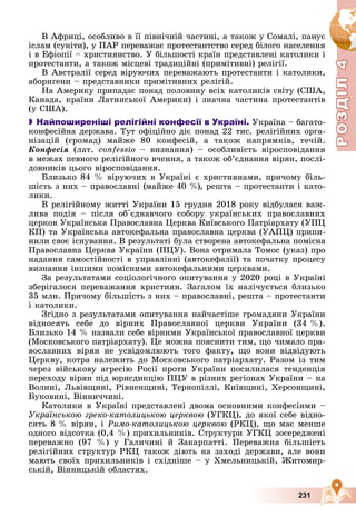 Р
О
З
Д
Р
О
З
Д
Д
І
Л
Д
І
Л
Р
Р
О
О
З
З
Д
Д
І
І
Л
Л
4
4
4
4
4
4
231
Â Àôðèöі, îñîáëèâî â її ïіâíі÷íіé ÷àñòèíі, à òàêîæ ó Ñîìàëі, ïàíóє
іñëàì (ñóíіòè), ó ÏÀÐ ïåðåâàæàє ïðîòåñòàíòñòâî ñåðåä áіëîãî íàñåëåííÿ
і â Åôіîïії – õðèñòèÿíñòâî. Ó áіëüøîñòі êðàїí ïðåäñòàâëåíі êàòîëèêè і
ïðîòåñòàíòè, à òàêîæ ìіñöåâі òðàäèöіéíі (ïðèìіòèâíі) ðåëіãії.
Â Àâñòðàëії ñåðåä âіðóþ÷èõ ïåðåâàæàþòü ïðîòåñòàíòè і êàòîëèêè,
àáîðèãåíè – ïðåäñòàâíèêè ïðèìіòèâíèõ ðåëіãіé.
Íà Àìåðèêó ïðèïàäàє ïîíàä ïîëîâèíó âñіõ êàòîëèêіâ ñâіòó (ÑØÀ,
Êàíàäà, êðàїíè Ëàòèíñüêîї Àìåðèêè) і çíà÷íà ÷àñòèíà ïðîòåñòàíòіâ
(ó ÑØÀ).

 Найпоширеніші релігійні конфесії в Україні. Óêðàїíà – áàãàòî-
êîíôåñіéíà äåðæàâà. Òóò îôіöіéíî äіє ïîíàä 22 òèñ. ðåëіãіéíèõ îðãà-
íіçàöіé (ãðîìàä) ìàéæå 80 êîíôåñіé, à òàêîæ íàïðÿìêіâ, òå÷іé.
Êîíôåñіÿ (ëàò. confessio – âèçíàííÿ) – îñîáëèâіñòü âіðîñïîâіäàííÿ
â ìåæàõ ïåâíîãî ðåëіãіéíîãî â÷åííÿ, à òàêîæ îá’єäíàííÿ âіðÿí, ïîñëі-
äîâíèêіâ öüîãî âіðîñïîâіäàííÿ.
Áëèçüêî 84 % âіðóþ÷èõ â Óêðàїíі є õðèñòèÿíàìè, ïðè÷îìó áіëü-
øіñòü ç íèõ – ïðàâîñëàâíі (ìàéæå 40 %), ðåøòà – ïðîòåñòàíòè і êàòî-
ëèêè.
Â ðåëіãіéíîìó æèòòі Óêðàїíè 15 ãðóäíÿ 2018 ðîêó âіäáóëàñÿ âàæ-
ëèâà ïîäіÿ – ïіñëÿ îá'єäíàâ÷îãî ñîáîðó óêðàїíñüêèõ ïðàâîñëàâíèõ
öåðêîâ Óêðàїíñüêà Ïðàâîñëàâíà Öåðêâà Êèїâñüêîãî Ïàòðіàðõàòó (ÓÏÖ
ÊÏ) òà Óêðàїíñüêà àâòîêåôàëüíà ïðàâîñëàâíà öåðêâà (ÓÀÏÖ) ïðèïè-
íèëè ñâîє іñíóâàííÿ. Â ðåçóëüòàòі áóëà ñòâîðåíà àâòîêåôàëüíà ïîìіñíà
Ïðàâîñëàâíà Öåðêâà Óêðàїíè (ÏÖÓ). Âîíà îòðèìàëà Òîìîñ (óêàç) ïðî
íàäàííÿ ñàìîñòіéíîñòі â óïðàâëіííі (àâòîêåôàëії) òà ïî÷àòêó ïðîöåñó
âèçíàííÿ іíøèìè ïîìіñíèìè àâòîêåôàëüíèìè öåðêâàìè.
Çà ðåçóëüòàòàìè ñîöіîëîãі÷íîãî îïèòóâàííÿ ó 2020 ðîöі â Óêðàїíі
çáåðіãàëîñÿ ïåðåâàæàííÿ õðèñòèÿí. Çàãàëîì їõ íàëі÷óєòüñÿ áëèçüêî
35 ìëí. Ïðè÷îìó áіëüøіñòü ç íèõ – ïðàâîñëàâíі, ðåøòà – ïðîòåñòàíòè
і êàòîëèêè.
Çãіäíî ç ðåçóëüòàòàìè îïèòóâàííÿ íàé÷àñòіøå ãðîìàäÿíè Óêðàїíè
âіäíîñÿòü ñåáå äî âіðíèõ Ïðàâîñëàâíîї öåðêâè Óêðàїíè (34 %).
Áëèçüêî 14 % íàçâàëè ñåáå âіðíèìè Óêðàїíñüêîї ïðàâîñëàâíîї öåðêâè
(Ìîñêîâñüêîãî ïàòðіàðõàòó). Öå ìîæíà ïîÿñíèòè òèì, ùî ÷èìàëî ïðà-
âîñëàâíèõ âіðÿí íå óñâіäîìëþþòü òîãî ôàêòó, ùî âîíè âіäâіäóþòü
Öåðêâó, êîòðà íàëåæèòü äî Ìîñêîâñüêîãî ïàòðіàðõàòó. Ðàçîì іç òèì
÷åðåç âіéñüêîâó àãðåñіþ Ðîñії ïðîòè Óêðàїíè ïîñèëèëàñÿ òåíäåíöіÿ
ïåðåõîäó âіðÿí ïіä þðèñäèêöіþ ÏÖÓ â ðіçíèõ ðåãіîíàõ Óêðàїíè – íà
Âîëèíі, Ëüâіâùèíі, Ðіâíåíùèíі, Òåðíîïіëëі, Êèїâùèíі, Õåðñîíùèíі,
Áóêîâèíі, Âіííè÷÷èíі.
Êàòîëèêè â Óêðàїíі ïðåäñòàâëåíі äâîìà îñíîâíèìè êîíôåñіÿìè –
Óêðàїíñüêîþ ãðåêî-êàòîëèöüêîþ öåðêâîþ (ÓÃÊÖ), äî ÿêîї ñåáå âіäíî-
ñÿòü 8 % âіðÿí, і Ðèìî-êàòîëèöüêîþ öåðêâîþ (ÐÊÖ), ùî ìàє ìåíøå
îäíîãî âіäñîòêà (0,4 %) ïðèõèëüíèêіâ. Ñòðóêòóðè ÓÃÊÖ çîñåðåäæåíі
ïåðåâàæíî (97 %) ó Ãàëè÷èíі é Çàêàðïàòòі. Ïåðåâàæíà áіëüøіñòü
ðåëіãіéíèõ ñòðóêòóð ÐÊÖ òàêîæ äіþòü íà çàõîäі äåðæàâè, àëå âîíè
ìàþòü ñâîїõ ïðèõèëüíèêіâ і ñõіäíіøå – ó Õìåëüíèöüêіé, Æèòîìèð-
ñüêіé, Âіííèöüêіé îáëàñòÿõ.
 