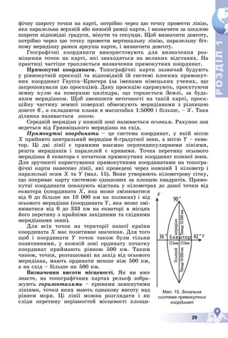 29
Р
О
З
Д
І
Л
Р
О
З
Д
І
Л
1
1
ôі÷íó øèðîòó òî÷êè íà êàðòі, ïîòðіáíî ÷åðåç öþ òî÷êó ïðîâåñòè ëіíіþ,
ÿêà ïàðàëåëüíà âåðõíіé àáî íèæíіé ðàìöі êàðòè, і âèçíà÷èòè çà øêàëîþ
øèðîòè âіäïîâіäíі ãðàäóñè, ìіíóòè òà ñåêóíäè. Ùîá âèçíà÷èòè äîâãîòó,
ïîòðіáíî ÷åðåç öþ òî÷êó ïðîâåñòè âåðòèêàëüíó ëіíіþ, ïàðàëåëüíó áі÷-
íîìó ìåðèäіàíó ðàìêè àðêóøà êàðòè, і âèçíà÷èòè äîâãîòó.
Ãåîãðàôі÷íі êîîðäèíàòè âèêîðèñòîâóþòü äëÿ âèçíà÷åííÿ ðîç-
ìіùåííÿ òî÷îê íà êàðòі, ÿêі çíàõîäÿòüñÿ íà âåëèêèõ âіäñòàíÿõ. Íà
ïðàêòèöі ÷àñòіøå òðàïëÿєòüñÿ âèçíà÷åííÿ ïðÿìîêóòíèõ êîîðäèíàò.
Ïðÿìîêóòíі êîîðäèíàòè. Òîïîãðàôі÷íі êàðòè çàçâè÷àé áóäóþòü
ó ðіâíîêóòíіé ïðîєêöії òà âіäïîâіäíіé їé ñèñòåìі ïëîñêèõ ïðÿìîêóò-
íèõ êîîðäèíàò Ãàóññà–Êðþãåðà (çà іìåíàìè íіìåöüêèõ ó÷åíèõ, ùî
çàïðîïîíóâàëè öþ ïðîєêöіþ). Äàíó ïðîєêöіþ îäåðæóþòü, ïðîєêòóþ÷è
çåìíó êóëþ íà ïîâåðõíþ öèëіíäðà, ùî òîðêàєòüñÿ Çåìëі, çà áóäü-
ÿêèì ìåðèäіàíîì. Ùîá çìåíøèòè íåòî÷íîñòі íà òàêіé êàðòі, ïðîєê-
öіéíó ÷àñòèíó çåìíîї ïîâåðõíі îáìåæóþòü ìåðèäіàíàìè ç ðіçíèöåþ
äîâãîò 6°, à ñêëàäàþ÷è ïëàíè â ìàñøòàáàõ 1:5000 і áіëüøå, – 3°. Òàêà
äіëÿíêà íàçèâàєòüñÿ çîíîþ.
Ñåðåäíіé ìåðèäіàí ó êîæíіé çîíі íàçèâàєòüñÿ îñüîâèì. Ðàõóíîê çîí
âåäåòüñÿ âіä Ãðèíâіöüêîãî ìåðèäіàíà íà ñõіä.
Ïðÿìîêóòíі êîîðäèíàòè – öå ñèñòåìà êîîðäèíàò, ó ÿêіé âіññþ
X ïðèéíÿòî öåíòðàëüíèé ìåðèäіàí 6-ãðàäóñíîї çîíè, à âіññþ
X Y – åêâà-
Y
òîð. Öі äâі ëіíії є ïðÿìèìè âçàєìíî ïåðïåíäèêóëÿðíèìè ëіíіÿìè,
ðåøòà ìåðèäіàíіâ і ïàðàëåëåé є êðèâèìè. Òî÷êà ïåðåòèíó îñüîâîãî
ìåðèäіàíà é åêâàòîðà є ïî÷àòêîì ïðÿìîêóòíèõ êîîðäèíàò êîæíîї çîíè.
Äëÿ çðó÷íîñòі êîðèñòóâàííÿ ïðÿìîêóòíèìè êîîðäèíàòàìè íà òîïîãðà-
ôі÷íі êàðòè íàíåñåíî ëіíії, ÿêі ïðîâåäåíі ÷åðåç êîæíèé 1 êіëîìåòð і
ïàðàëåëüíі îñÿì X òà
X Y (ìàë. 15). Âîíè óòâîðþþòü êіëîìåòðîâó ñіòêó,
Y
ùî ïîêðèâàє êàðòó ñèñòåìîþ îäíàêîâèõ çà ïëîùåþ êâàäðàòіâ. Ïðÿìî-
êóòíі êîîðäèíàòè ïîêàçóþòü âіäñòàíü ó êіëîìåòðàõ äî äàíîї òî÷êè âіä
åêâàòîðà (êîîðäèíàòà X, ÿêà ìîæå çìіíþâàòèñÿ
âіä 0 äî áіëüøå ÿê 10 000 êì íà ïîëþñàõ) і âіä
îñüîâîãî ìåðèäіàíà (êîîðäèíàòà Y, ÿêà ìîæå çìі-
íþâàòèñÿ âіä 0 äî 333 êì íà åêâàòîðі â ìіñöÿõ
éîãî ïåðåòèíó ç êðàéíіìè çàõіäíèìè òà ñõіäíèìè
ìåðèäіàíàìè çîíè).
Äëÿ âñіõ òî÷îê íà òåðèòîðії íàøîї êðàїíè
êîîðäèíàòà Õ ìàє ïîçèòèâíå çíà÷åííÿ. Äëÿ òîãî
ùîá і êîîðäèíàòè Y òî÷îê òàêîæ áóëè òіëüêè
Y
ïîçèòèâíèìè, ó êîæíіé çîíі îðäèíàòó ïî÷àòêó
êîîðäèíàò ïðèéìàþòü ðіâíîþ 500 êì. Òàêèì
÷èíîì, òî÷êè, ðîçòàøîâàíі íà çàõіä âіä îñüîâîãî
ìåðèäіàíà, ìàþòü îðäèíàòè ìåíøå íіæ 500 êì,
à íà ñõіä – áіëüøå ÿê 500 êì.
Âèçíà÷åííÿ âèñîòè ìіñöåâîñòі. ßê âè âæå
çíàєòå, íà òîïîãðàôі÷íèõ êàðòàõ ðåëüєô çîáðà-
æóþòü ãîðèçîíòàëÿìè – êðèâèìè çàìêíóòèìè
ëіíіÿìè, òî÷êè ÿêèõ ìàþòü îäíàêîâó âèñîòó íàä
ðіâíåì ìîðÿ. Öі ëіíії ìîæíà ðîçãëÿäàòè і ÿê
ñëіäè ïåðåòèíó íåðіâíîñòåé ìіñöåâîñòі ïëîùè-
Мал. 15. Зональна
система прямокутних
координат
 