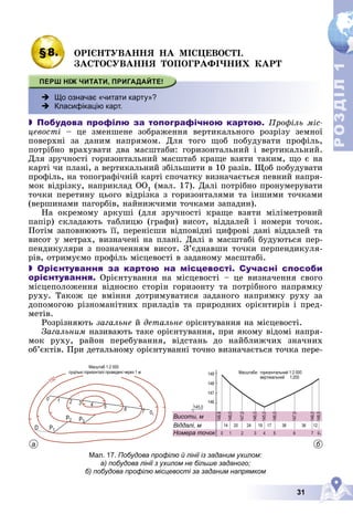 31
Р
О
З
Д
І
Л
Р
О
З
Д
І
Л
1
1
§8. ÎÐІЄÍÒÓÂÀÍÍß ÍÀ ÌІÑÖÅÂÎÑÒІ.
ÇÀÑÒÎÑÓÂÀÍÍß ÒÎÏÎÃÐÀÔІ×ÍÈÕ ÊÀÐÒ
 Що означає «читати карту»?
 Класифікацію карт.
 Побудова профілю за топографічною картою. Ïðîôіëü ìіñ-
öåâîñòі – öå çìåíøåíå çîáðàæåííÿ âåðòèêàëüíîãî ðîçðіçó çåìíîї
ïîâåðõíі çà äàíèì íàïðÿìîì. Äëÿ òîãî ùîá ïîáóäóâàòè ïðîôіëü,
ïîòðіáíî âðàõóâàòè äâà ìàñøòàáè: ãîðèçîíòàëüíèé і âåðòèêàëüíèé.
Äëÿ çðó÷íîñòі ãîðèçîíòàëüíèé ìàñøòàá êðàùå âçÿòè òàêèì, ùî є íà
êàðòі ÷è ïëàíі, à âåðòèêàëüíèé çáіëüøèòè â 10 ðàçіâ. Ùîá ïîáóäóâàòè
ïðîôіëü, íà òîïîãðàôі÷íіé êàðòі ñïî÷àòêó âèçíà÷àєòüñÿ ïåâíèé íàïðÿ-
ìîê âіäðіçêó, íàïðèêëàä ÎÎ1 (ìàë. 17). Äàëі ïîòðіáíî ïðîíóìåðóâàòè
òî÷êè ïåðåòèíó öüîãî âіäðіçêà ç ãîðèçîíòàëÿìè òà іíøèìè òî÷êàìè
(âåðøèíàìè ïàãîðáіâ, íàéíèæ÷èìè òî÷êàìè çàïàäèí).
Íà îêðåìîìó àðêóøі (äëÿ çðó÷íîñòі êðàùå âçÿòè ìіëіìåòðîâèé
ïàïіð) ñêëàäàþòü òàáëèöþ (ãðàôè) âèñîò, âіääàëåé і íîìåðè òî÷îê.
Ïîòіì çàïîâíþþòü її, ïåðåíіñøè âіäïîâіäíі öèôðîâі äàíі âіääàëåé òà
âèñîò ó ìåòðàõ, âèçíà÷åíі íà ïëàíі. Äàëі â ìàñøòàáі áóäóþòüñÿ ïåð-
ïåíäèêóëÿðè ç ïîçíà÷åííÿì âèñîò. Ç’єäíàâøè òî÷êè ïåðïåíäèêóëÿ-
ðіâ, îòðèìóєìî ïðîôіëü ìіñöåâîñòі â çàäàíîìó ìàñøòàáі.
 Орієнтування за картою на місцевості. Сучасні способи
орієнтування. Îðієíòóâàííÿ íà ìіñöåâîñòі – öå âèçíà÷åííÿ ñâîãî
ìіñöåïîëîæåííÿ âіäíîñíî ñòîðіí ãîðèçîíòó òà ïîòðіáíîãî íàïðÿìêó
ðóõó. Òàêîæ öå âìіííÿ äîòðèìóâàòèñÿ çàäàíîãî íàïðÿìêó ðóõó çà
äîïîìîãîþ ðіçíîìàíіòíèõ ïðèëàäіâ òà ïðèðîäíèõ îðієíòèðіâ і ïðåä-
ìåòіâ.
Ðîçðіçíÿþòü çàãàëüíå é äåòàëüíå îðієíòóâàííÿ íà ìіñöåâîñòі.
Çàãàëüíèì íàçèâàþòü òàêå îðієíòóâàííÿ, ïðè ÿêîìó âіäîìі íàïðÿ-
ìîê ðóõó, ðàéîí ïåðåáóâàííÿ, âіäñòàíü äî íàéáëèæ÷èõ çíà÷íèõ
îá’єêòіâ. Ïðè äåòàëüíîìó îðієíòóâàííі òî÷íî âèçíà÷àєòüñÿ òî÷êà ïåðå-
Мал. 17. Побудова профілю й лінії із заданим ухилом:
а) побудова лінії з ухилом не більше заданого;
б) побудова профілю місцевості за заданим напрямком
0 1 2 3 4 5 6 7
D P1
P2 P3
01
Масштаб 1:2 000
Масштаби: горизонтальний 1:2 000
149
148
147
Висоти, м
Віддалі, м
Номера точок
146
145,0
148,8
14
0 1 2 3 4 5 6 7 01
20 24 19 12
17 38 36
148,0
148,0
148,5
147,0
147,0
146,0
146,0
145,0
суцільні горизонталі проведені через 1 м
150 вертикальний 1:200
а б
 