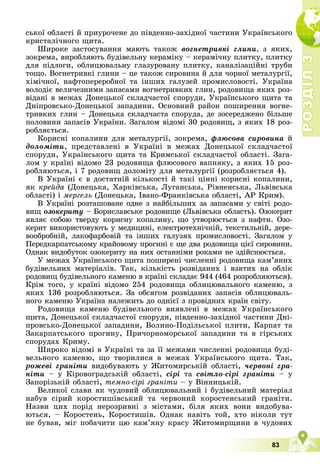 Р
О
З
Д
І
Л
Р
О
З
Д
І
Л
3
3
83
ñüêîї îáëàñòі é ïðèóðî÷åíå äî ïіâäåííî-çàõіäíîї ÷àñòèíè Óêðàїíñüêîãî
êðèñòàëі÷íîãî ùèòà.
Øèðîêå çàñòîñóâàííÿ ìàþòü òàêîæ âîãíåòðèâêі ãëèíè, ç ÿêèõ,
çîêðåìà, âèðîáëÿþòü áóäіâåëüíó êåðàìіêó – êåðàìі÷íó ïëèòêó, ïëèòêó
äëÿ ïіäëîãè, îáëèöþâàëüíó ãëàçóðîâàíó ïëèòêó, êàíàëіçàöіéíі òðóáè
òîùî. Âîãíåòðèâêі ãëèíè – öå òàêîæ ñèðîâèíà é äëÿ ÷îðíîї ìåòàëóðãії,
õіìі÷íîї, íàôòîïåðåðîáíîї òà іíøèõ ãàëóçåé ïðîìèñëîâîñòі. Óêðàїíà
âîëîäіє âåëè÷åçíèìè çàïàñàìè âîãíåòðèâêèõ ãëèí, ðîäîâèùà ÿêèõ ðîç-
âіäàíі â ìåæàõ Äîíåöüêîї ñêëàä÷àñòîї ñïîðóäè, Óêðàїíñüêîãî ùèòà òà
Äíіïðîâñüêî-Äîíåöüêîї çàïàäèíè. Îñíîâíèé ðàéîí ïîøèðåííÿ âîãíå-
òðèâêèõ ãëèí – Äîíåöüêà ñêëàä÷àñòà ñïîðóäà, äå çîñåðåäæåíî áіëüøå
ïîëîâèíè çàïàñіâ Óêðàїíè. Çàãàëîì âіäîìі 30 ðîäîâèù, ç ÿêèõ 18 ðîç-
ðîáëÿєòüñÿ.
Êîðèñíі êîïàëèíè äëÿ ìåòàëóðãії, çîêðåìà, ôëþñîâà ñèðîâèíà é
äîëîìіòè, ïðåäñòàâëåíі â Óêðàїíі â ìåæàõ Äîíåöüêîї ñêëàä÷àñòîї
ñïîðóäè, Óêðàїíñüêîãî ùèòà òà Êðèìñüêîї ñêëàä÷àñòîї îáëàñòі. Çàãà-
ëîì ó êðàїíі âіäîìî 23 ðîäîâèùà ôëþñîâîãî âàïíÿêó, ç ÿêèõ 15 ðîç-
ðîáëÿþòüñÿ, і 7 ðîäîâèù äîëîìіòó äëÿ ìåòàëóðãії (ðîçðîáëÿєòüñÿ 4).
Â Óêðàїíі є â äîñòàòíіé êіëüêîñòі é òàêі öіííі êîðèñíі êîïàëèíè,
ÿê êðåéäà (Äîíåöüêà, Õàðêіâñüêà, Ëóãàíñüêà, Ðіâíåíñüêà, Ëüâіâñüêà
îáëàñòі) і ìåðãåëü (Äîíåöüêà, Іâàíî-Ôðàíêіâñüêà îáëàñòі, ÀÐ Êðèì).
Â Óêðàїíі ðîçòàøîâàíå îäíå ç íàéáіëüøèõ çà çàïàñàìè ó ñâіòі ðîäî-
âèù îçîêåðèòó – Áîðèñëàâñüêå ðîäîâèùå (Ëüâіâñüêà îáëàñòü). Îçîêåðèò
ÿâëÿє ñîáîþ òâåðäó êîðèñíó êîïàëèíó, ùî óòâîðþєòüñÿ ç íàôòè. Îçî-
êåðèò âèêîðèñòîâóþòü ó ìåäèöèíі, åëåêòðîòåõíі÷íіé, òåêñòèëüíіé, äåðå-
âîîáðîáíіé, ëàêîôàðáîâіé òà іíøèõ ãàëóçÿõ ïðîìèñëîâîñòі. Çàãàëîì ó
Ïåðåäêàðïàòñüêîìó êðàéîâîìó ïðîãèíі є ùå äâà ðîäîâèùà öієї ñèðîâèíè.
Îäíàê âèäîáóòîê îçîêåðèòó íà íèõ îñòàííіìè ðîêàìè íå çäіéñíþєòüñÿ.
Ó ìåæàõ Óêðàїíñüêîãî ùèòà ïîøèðåíі ÷èñëåííі ðîäîâèùà êàì’ÿíèõ
áóäіâåëüíèõ ìàòåðіàëіâ. Òàê, êіëüêіñòü ðîçâіäàíèõ і âçÿòèõ íà îáëіê
ðîäîâèù áóäіâåëüíîãî êàìåíþ â êðàїíі ñêëàäàє 944 (464 ðîçðîáëÿþòüñÿ).
Êðіì òîãî, ó êðàїíі âіäîìî 254 ðîäîâèùà îáëèöþâàëüíîãî êàìåíþ, ç
ÿêèõ 136 ðîçðîáëÿþòüñÿ. Çà îáñÿãîì ðîçâіäàíèõ çàïàñіâ îáëèöþâàëü-
íîãî êàìåíþ Óêðàїíà íàëåæèòü äî îäíієї ç ïðîâіäíèõ êðàїí ñâіòó.
Ðîäîâèùà êàìåíþ áóäіâåëüíîãî âèÿâëåíі â ìåæàõ Óêðàїíñüêîãî
ùèòà, Äîíåöüêîї ñêëàä÷àñòîї ñïîðóäè, ïіâäåííî-çàõіäíîї ÷àñòèíè Äíі-
ïðîâñüêî-Äîíåöüêîї çàïàäèíè, Âîëèíî-Ïîäіëüñüêîї ïëèòè, Êàðïàò òà
Çàêàðïàòñüêîãî ïðîãèíó, Ïðè÷îðíîìîðñüêîї çàïàäèíè òà â ãіðñüêèõ
ñïîðóäàõ Êðèìó.
Øèðîêî âіäîìі â Óêðàїíі òà çà її ìåæàìè ÷èñëåííі ðîäîâèùà áóäі-
âåëüíîãî êàìåíþ, ùî òâîðèëèñÿ â ìåæàõ Óêðàїíñüêîãî ùèòà. Òàê,
ðîæåâі ãðàíіòè âèäîáóâàþòü ó Æèòîìèðñüêіé îáëàñòі, ÷åðâîíі ãðà-
íіòè – ó Êіðîâîãðàäñüêіé îáëàñòі, ñіðі òà ñâіòëî-ñіðі ãðàíіòè – ó
Çàïîðіçüêіé îáëàñòі, òåìíî-ñіðі ãðàíіòè – ó Âіííèöüêіé.
Âåëèêîї ñëàâè ÿê ÷óäîâèé îáëèöþâàëüíèé і áóäіâåëüíèé ìàòåðіàë
íàáóâ ñіðèé êîðîñòèøіâñüêèé òà ÷åðâîíèé êîðîñòåíñüêèé ãðàíіòè.
Íàçâè öèõ ïîðіä íåðîçðèâíі ç ìіñòàìè, áіëÿ ÿêèõ âîíè âèäîáóâà-
þòüñÿ, – Êîðîñòåíü, Êîðîñòèøіâ. Îäíàê íàâіòü òîé, õòî íіêîëè òóò
íå áóâàâ, ìіã ïîáà÷èòè öþ êàì’ÿíó êðàñó Æèòîìèðùèíè â ÷óäîâèõ
 