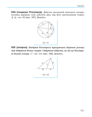 151
Підсумки
504 (теорема Птолемея). Добуток діагоналей вписаного чотири-
кутника дорівнює сумі добутків двох пар його протилежних сторін:
d d ac bd
1 2
⋅ = + (рис. 137). Доведіть.
a
b
d2
d1
d c
Рис. 137
505 (опорна). Квадрат бісектриси трикутника дорівнює різниці
між добутком бічних сторін і добутком відрізків, на які ця бісектри-
са ділить основу: l ab mn
c
2
= − (рис. 138). Доведіть.
a b
m n
lc
Рис. 138
151
 