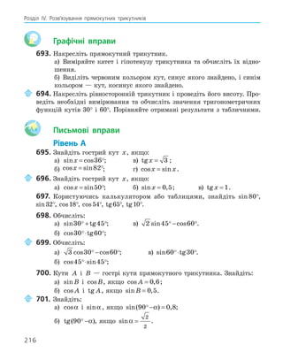 216
Розділ ІV. Розв’язування прямокутних трикутників
Графічні вправи
693. Накресліть прямокутний трикутник.
а) Виміряйте катет і гіпотенузу трикутника та обчисліть їх відно-
шення.
б) Виділіть червоним кольором кут, синус якого знайдено, і синім
кольором — кут, косинус якого знайдено.
694. Накресліть рівносторонній трикутник і проведіть його висоту. Про-
ведіть необхідні вимірювання та обчисліть значення тригонометричних
функцій кутів 30° і 60°. Порівняйте отримані результати з табличними.
Aa Письмові вправи
Рівень А
695. Знайдіть гострий кут x, якщо:
а) sin cos
x = 36; в) tgx = 3 ;
б) cos sin
x = 82; г) cos sin
x x
= .
696. Знайдіть гострий кут x, якщо:
а) cos sin
x = 50; б) sin ,
x = 0 5; в) tgx = 1.
697. Користуючись калькулятором або таблицями, знайдіть sin 80°,
sin32°, cos18°, cos54°, tg65°, tg10°.
698. Обчисліть:
а) sin tg
30 45
 
+ ; в) 2 45 60
sin cos
 
− .
б) cos tg
30 60
 
⋅ ;
699. Обчисліть:
а) 3 30 60
cos cos
 
− ; в) sin tg
60 30
 
⋅ .
б) cos sin
45 45
 
⋅ ;
700. Кути A і B — гострі кути прямокутного трикутника. Знайдіть:
а) sinB і cosB, якщо cos ,
A = 0 6;
б) cos A і tg A, якщо sin ,
B = 0 5.
701. Знайдіть:
а) cosα і sinα , якщо sin( ) ,
90 0 8
 − =
α ;
б) tg( )
90 −α , якщо sinα =
2
2
.
 