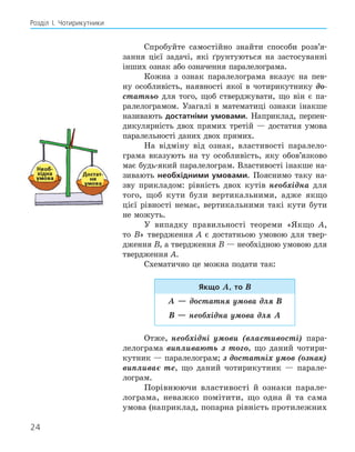 24
Розділ І. Чотирикутники
Спробуйте самостійно знайти способи розв’я-
зання цієї задачі, які ґрунтуються на застосуванні
інших ознак або означення паралелограма.
Кожна з ознак паралелограма вказує на пев-
ну особливість, наявності якої в чотирикутнику до-
статньо для того, щоб стверджувати, що він є па-
ралелограмом. Узагалі в математиці ознаки інакше
називають достатніми умовами. Наприклад, перпен-
дикулярність двох прямих третій — достатня умова
паралельності даних двох прямих.
На відміну від ознак, властивості паралело-
грама вказують на ту особливість, яку обов’язково
має будь-який паралелограм. Властивості інакше на-
зивають необхідними умовами. Пояснимо таку на-
зву прикладом: рівність двох кутів необхідна для
того, щоб кути були вертикальними, адже якщо
цієї рівності немає, вертикальними такі кути бути
не можуть.
У випадку правильності теореми «Якщо А,
то В» твердження А є достатньою умовою для твер-
дження В, а твердження В — необхідною умовою для
твердження А.
Схематично це можна подати так:
якщо А, то В
А — достатня умова для В
В — необхідна умова для А
Отже, необхідні умови (властивості) пара-
лелограма випливають з того, що даний чотири-
кутник — паралелограм; з достатніх умов (ознак)
випливає те, що даний чотирикутник — парале-
лограм.
Порівнюючи властивості й ознаки парале-
лограма, неважко помітити, що одна й та сама
умова (наприклад, попарна рівність протилежних
 