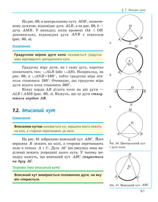 61
§ 7. Вписані кути
На рис. 60, а центральному куту AOB , позначе-
ному дужкою, відповідає дуга ALB, а на рис. 60, б —
дуга AMB. У випадку, коли промені OA і OB
доповняльні, відповідна дуга ANB є півколом
(рис. 60, в).
Означення
градусною мірою дуги кола називається градусна
міра відповідного центрального кута.
Градусну міру дуги, як і саму дугу, коротко
позначають так: ∪ALB (або ∪AB). Наприклад, на
рис. 60, в ∪ = °
ANB 180 , тобто градусна міра пів-
кола становить 180°. Очевидно, що градусна міра
дуги всього кола становить 360°.
Кінці хорди AB ділять коло на дві дуги —
ALB і AMB (рис. 60, г). Кажуть, що ці дуги стягу-
ються хордою AB.
7.2. Вписаний кут
Означення
вписаним кутом називається кут, вершина якого лежить
на колі, а сторони перетинають це коло.
На рис. 61 зображено вписаний кут ABC. Його
вершина B лежить на колі, а сторони перетинають
коло в точках A і C. Дуга AC (на рисунку вона ви-
ділена) лежить усередині цього кута. У такому ви-
падку кажуть, що вписаний кут ABC спирається
на дугу AC.
Теорема (про вписаний кут)
вписаний кут вимірюється половиною дуги, на яку
він спирається.
а
O
A B
L
б
M
O
A B
в
A B
N
O
г
A B
L
O
M
Рис. 60. Центральний кут
і дуга кола
A
B
C
O
Рис. 61. Вписаний кут ABC
 