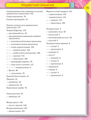 ПРЕДМЕТНИЙ ПОКАЖЧИК
195
Співвідношення між сторонами та кутами
прямокутного трикутника 122
Сторін відношення 70
Сторони пропорційні 70
Тангенс гострого кута прямокутного
трикутника 117
Теорема Піфагора 110
— про вписаний кут 53
— про відношення периметрів подібних
трикутників
— — властивість бісектриси трикутника
— — властивості медіан трикутника
— — площу паралелограма 159
— — — прямокутника 153
— — — ромба за його діагоналями 160
— — — трапеції 172
— — — трикутника 165
— — пропорційні відрізки 78
— — суму кутів n-кутника 147
— — — — чотирикутника 9
— Фалеса 38
— — узагальнена 78
Трапеції бічні сторони 44
Трапеція 44
— рівнобічна 45
— прямокутна 45
Трикутники подібні 70
Умова достатня 22
— необхідна 22
Фігура проста 148
— що не є простою 148
Фігури рівновеликі 161
— рівноскладені 161
Формула площі квадрата 152
– – паралелограма 159
– – прямокутника 153
— — трапеції 172
— — трикутника 165
Чотирикутник 8
— вписаний у коло 59
— неопуклий 8
— описаний навколо кола 59
— опуклий 8
Чотирикутника вершини 8
— — сусідні 8
— — протилежні 8
— елементи 8
— кути 8
— — зовнішні 8
— — сусідні 8
— — протилежні 8
— периметр 8
— сторони 8
— — сусідні 8
— — протилежні 8
 
