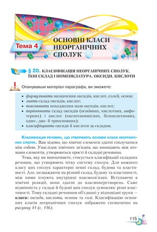 115
§ 20. КЛАСИФІКАЦІЯ НЕОРГАНІЧНИХ СПОЛУК,­
ЇХНІ СКЛАД І НОМЕНКЛАТУРА. ОКСИДИ, КИСЛОТИ
Опанувавши матеріал параграфа, ви зможете:
•	 формулювати визначення оксидів, кислот, солей, основ;
•	 знати склад оксидів, кислот;
•	 пояснювати походження назв оксидів, кислот;
•	 порівнювати склад оксидів (основних, кислотних, амфо-
терних) і кислот (оксигеновмісних, безоксигенових,
одно-, дво- й триосновних);
•	 класифікувати оксиди й кислоти за складом.
Класифікація речовин, що утворюють основні класи неорганіч-
них сполук. Вам відомо, що хімічні елементи здатні сполучатися
між собою. Унаслідок хімічних зв’язків, що виникають між ато-
мами елементів, утворюються прості й складні речовини.
Тема, яку ви вивчатимете, стосується класифікації складних
речовин, що утворюють чітку систему сполук. Для кожного
класу цих сполук характерні певні склад, будова та власти-
вості. Але, незважаючи на різний склад, будову та властивості,
між ними існують внутрішні взаємозв’язки. Вступаючи в
хімічні реакції, вони здатні до взаємоперетворень. Саме
відмінність у складі й будові цих сполук зумовлює різні влас-
тивості. Тому складні речовини об’єднані у відповідні групи —
класи: оксиди, кислоти, основи та солі. Класифікацію основ-
них класів неорганічних сполук зображено схематично на
рисунку 41 (с. 116).
Тема 4
ОСНОВНІ КЛАСИ
НЕОРГАНІЧНИХ
СПОЛУК
 
