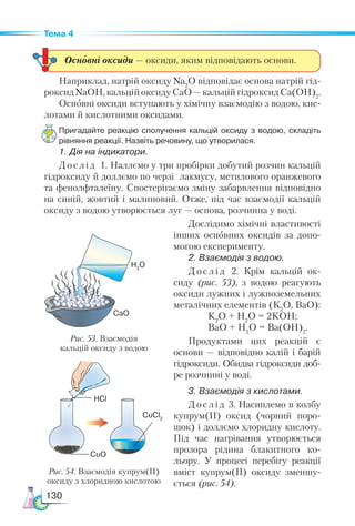 130
Тема 4
Наприклад, натрій оксиду Na2
O відповідає основа натрій гід-
роксид NaOH, кальцій оксиду СаО — кальцій гідроксид Са(ОН)2
.
Основні оксиди вступають у хімічну взаємодію з водою, кис-
лотами й кислотними оксидами.
Пригадайте реакцію сполучення кальцій оксиду з водою, складіть
рівняння реакції. Назвіть речовину, що утворилася.
1. Дія на індикатори.
Дослід 1. Наллємо у три пробірки добутий розчин кальцій
гідроксиду й доллємо по черзі лакмусу, метилового оранжевого
та фенолфталеїну. Спостерігаємо зміну забарвлення відповідно
на синій, жовтий і малиновий. Отже, під час взаємодії кальцій
оксиду з водою утворюється луг — основа, розчинна у воді.
Дослідимо хімічні властивості
інших основних оксидів за допо-
могою експерименту.
2. Взаємодія з водою.
Дослід 2. Крім кальцій ок-
сиду (рис.  53), з водою реагують
оксиди лужних і лужноземельних
металічних елементів (К2
О, BaO):
K2
О + Н2
О = 2KOH;
BaO + H2
O = Ba(OH)2
.
Продуктами цих реакцій є
основи — відповідно калій і барій
гідроксиди. Обидва гідроксиди доб­
-
ре розчинні у воді.
3. Взаємодія з кислотами.
Дослід 3. Насиплемо в колбу
купрум(ІІ) оксид (чорний поро-
шок) і доллємо хлоридну кислоту.
Під час нагрівання утворюється
прозора рідина блакитного ко-
льору. У процесі перебігу реакції
вміст купрум(ІІ) оксиду зменшу-
ється (рис. 54).
Рис. 53. Взаємодія
кальцій оксиду з водою
Рис. 54. Взаємодія купрум(ІІ)
оксиду з хлоридною кислотою
H2
O
CaO
CuCl2
CuO
HCl
Основні оксиди — оксиди, яким відповідають основи.
 