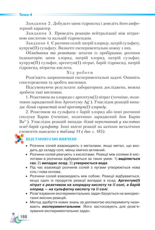 188
Тема 4
Завдання 2. Добудьте цинк гідроксид і доведіть його амфо-
терний характер.
Завдання 3. Проведіть реакцію нейтралізації між нітрат-
ною кислотою та кальцій гідроксидом.
Завдання 4. Є розчини солей: натрій хлориду, натрій сульфату,
купрум(ІІ) сульфату. Визначте експериментально кожну з них.
Обладнання та реактиви: штатив із пробірками; розчини
індикаторів; цинк хлорид, натрій хлорид, натрій сульфат,
купрум(ІІ) сульфат, аргентум(І) нітрат, барій гідроксид, натрій
гідроксид, нітратна кислота.
Хід роботи
Розв’яжіть запропоновані експериментальні задачі. Опишіть
спостереження та зробіть висновки.
Підсумовуючи результати лабораторних досліджень, можна
зробити такі висновки.
1. Реактивом на хлориди є аргентум(I) нітрат (точніше, пози-
тивно заряджений йон Аргентуму Ag+
). Унаслідок реакцій випа-
дає білий сирнистий осад аргентум(I) хлориду.
2. Реактивом на сульфати є барій хлорид або інші розчинні
сполуки Барію (точніше, позитивно заряджений йон Барію
Ba2+
). Унаслідок реакцій випадає білий нерозчинний у кислотах
осад барій сульфату. Інші якісні реакції на катіони металічних
елементів наведено в таблиці 14 ( див. с. 185).
ПІД­
СУ­
МО­
ВУ­
Є­
МО ВИВЧЕНЕ
•	 Розчини солей взаємодіють з металами, якщо метал, що вхо­
дить до складу солі, менш хімічно активний.
•	 Розчини солей реагують з кислотами. Реакції між солями й кис­
лотами в розчинах відбуваються за таких умов: 1) виділяється
газ; 2) випадає осад; 3) утворюється вода.
•	 Під час взаємодії розчинів солей з лугами утворюються нова
сіль і нова основа.
•	 Розчини солей взаємодіють між собою. Реакції відбуваються,
якщо один із продуктів реакції випадає в осад. Аргентум(І)
нітрат є реактивом на хлоридну кислоту та її солі, а барій
хлорид — на сульфатну кислоту та її солі.
•	 Розв’язування експериментальних задач базується на викорис­
танні якісних реакцій.
•	 Метод здобуття нових знань за допомогою експерименту нази­
вають експериментальним. Його застосовують для розв’я­
зуван­
ня експериментальних задач.
 