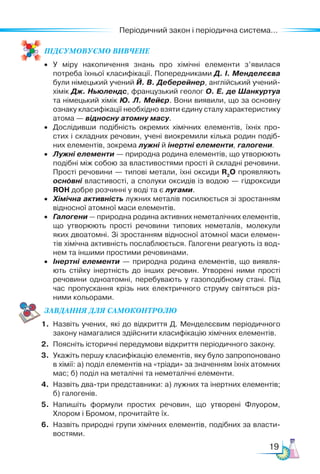 19
Періодичний закон і періодична система...
ПІД­
СУ­
МО­
ВУ­
Є­
МО ВИВЧЕНЕ
•	 У міру накопичення знань про хімічні елементи з’явилася
потреба їхньої класифікації. Попередниками Д. І. Менделєєва
були німецький учений Й. В. Деберейнер, англійський учений-
хімік Дж. Ньюлендс, французький геолог О. Е. де Шанкуртуа
та німецький хімік Ю. Л. Мейєр. Вони виявили, що за основну
ознаку класифікації необхідно взяти єдину сталу характеристику
ато­
ма — відносну атомну масу.
•	 Дослідивши подібність окремих хімічних елементів, їхніх про­
стих і складних речовин, учені виокремили кілька родин подіб-
них елементів, зокрема лужні й інертні елементи, галогени.
•	 Лужні елементи — природна родина елементів, що утворюють
подібні між собою за властивостями прості й складні речовини.
Прості речовини — типові метали, їхні оксиди R2
O проявляють
основні властивості, а сполуки оксидів із водою — гідроксиди
ROH добре розчинні у воді та є лугами.
•	 Хімічна активність лужних металів посилюється зі зростанням
відносної атомної маси елементів.
•	 Галогени — природна родина активних неметалічних елементів,
що утворюють прості речовини типових неметалів, молекули
яких двоатомні. Зі зростанням відносної атомної маси елемен­
тів хімічна активність послаблюється. Галогени реагують із вод­
нем та іншими простими речовинами.
•	 Інертні елементи — природна родина елементів, що виявля­
ють стійку інертність до інших речовин. Утворені ними прості
речовини одноатомні, перебувають у газоподібному стані. Під
час пропускання крізь них електричного струму світяться різ­
ними кольорами.
ЗАВ­
ДАН­НЯ ДЛЯ СамоКОН­ТРО­
ЛЮ
1.	 Назвіть учених, які до відкриття Д. Менделєєвим періодичного
закону намагалися здійснити класифікацію хімічних елементів.
2.	 Поясніть історичні передумови відкриття періодичного закону.
3.	 Укажіть першу класифікацію елементів, яку було запропоновано
в хімії: а) поділ елементів на «тріади» за значенням їхніх атомних
мас; б) поділ на металічні та неметалічні елементи.
4.	 Назвіть два-три представники: а) лужних та інертних елементів;
б) галогенів.
5.	 Напишіть формули простих речовин, що утворені Флуором,
Хлором і Бромом, прочитайте їх.
6.	 Назвіть природні групи хімічних елементів, подібних за власти­
востями.
 