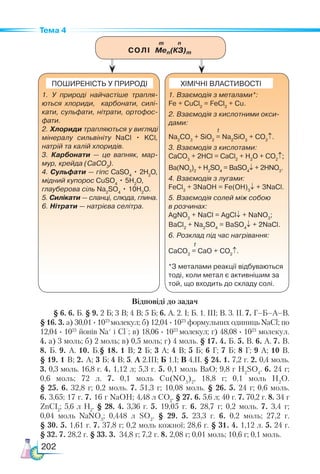 202
Тема 4
1. Взаємодія з металами*:
Fe + CuCl2
= FeCl2
+ Cu.
2. Взаємодія з кислотними окси-
дами:
t
Na2
CO3
+ SiO2
= Na2
SiO3
+ CO2
↑.
3. Взаємодія з кислотами:
СаСО3
+ 2HСl = CaCl2
+ H2
O + CO2
↑;
Ba(NO3
)2
+ H2
SO4
= BaSO4
↓ + 2HNO3
.
4. Взаємодія з лугами:
FeCl3
+ 3NaOH = Fe(OH)3
↓ + 3NaCl.
5. Взаємодія солей між собою
в розчинах:
AgNO3
+ NaCl = AgCl↓ + NaNO3
;
BaCl2
+ Na2
SO4
= BaSO4
↓ + 2NaCl.
6. Розклад під час нагрівання:
t
СаСО3
= СаО + СО2
↑.
*З металами реакції відбуваються
тоді, коли метал є активнішим за
той, що входить до складу солі.
1. У природі найчастіше трапля-
ються хлориди, карбонати, силі-
кати, сульфати, нітрати, ортофос-
фати.
2. Хлориди трапляються у вигляді
мінералу сильвініту NaCl • KCl,
натрій та калій хлоридів.
3. Карбонати — це вапняк, мар-
мур, крейда (СаСО3
).
4. Сульфати — гіпс СаSO4
• 2H2
O,
мідний купорос СuSO4
• 5H2
O,
глауберова сіль Nа2
SO4
• 10H2
O.
5. Силікати — сланці, слюда, глина.
6. Нітрати — натрієва селітра.
ХІМІЧНІ ВЛАСТИВОСТІ
ПОШИРЕНІСТЬ У ПРИРОДІ
			 m n
СОЛІ  Men(КЗ)m
Відповіді до задач
§ 6. 6. Б. § 9. 2 Б; 3 В; 4 В; 5 Б; 6. А. 2. І; Б. 1. ІІІ; В. 3. ІІ. 7. Г–Б–А–В.
§ 16. 3. а) 30,01 · 1023
молекул; б) 12,04 · 1023
формульних одиниць NaCl; по
12,04 · 1023
йонів Na+
і Cl
–
; в) 18,06 · 1023
молекул; г) 48,08 · 1023
 мо­
лекул.
4. а) 3 моль; б) 2 моль; в) 0,5 моль; г) 4 моль. § 17. 4. Б. 5. В. 6. А. 7. В.
8. Б. 9. А. 10. Б.§ 18. 1 В; 2 Б; 3 А; 4 В; 5 Б; 6 Г; 7 Б; 8 Г; 9 А; 10 В.
§ 19. 1 В; 2. А; 3 Б; 4 В; 5. А 2.ІІІ; Б 1.І; В 4.ІІ. § 24. 1. 7,2 г. 2. 0,4 моль.
3. 0,3 моль. 16,8 г. 4. 1,12 л; 5,3 г. 5. 0,1 моль ВаО; 9,8 г H2
SO4
. 6. 24 г;
0,6  моль; 72 л. 7. 0,1 моль Cu(NO3
)2
, 18,8 г; 0,1 моль Н2
О.
§ 25. 6. 32,8 г; 0,2 моль. 7. 51,3 г; 10,08 моль. § 26. 5. 24 г; 0,6 моль.
6. 3,65; 17 г. 7. 16 г NaOH; 4,48 л СО2
. § 27. 6. 5,6 л; 40 г. 7. 70,2 г. 8. 34 г
ZnCI2
; 5,6 л Н2
. §  28.  4.  3,36 г. 5. 19,05 г. 6. 28,7 г; 0,2 моль. 7. 3,4 г;
0,04 моль NaNO3
; 0,448  л SO2
. §  29. 5. 23,3 г. 6.  0,2  моль; 27,2  г.
§ 30. 5. 1,61 г. 7. 37,8 г; 0,2 моль кожної; 28,6 г. § 31. 4. 1,12 л. 5. 24 г.
§ 32. 7. 28,2 г. § 33. 3.  34,8 г; 7,2 г. 8. 2,08 г; 0,01 моль; 10,6 г; 0,1 моль.
 