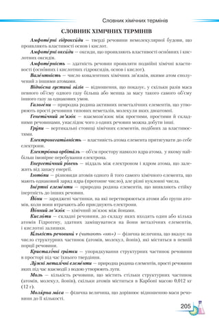 205
Словник хімічних термінів
Словник хімічних термінів
Амфотерні гідроксиди — тверді речовини немолекулярної будови, що
проявляють властивості основ і кислот.
Амфотерні оксиди — оксиди, що проявляють властивості основних і кис-
лотних оксидів.
Амфотерність — здатність речовин проявляти подвійні хімічні власти-
вості (основних і кислотних гідроксидів, основ і кислот).
Валентність — число ковалентних хімічних зв’язків, якими атом сполу-
чений з іншими атомами.
Відносна густина газів — відношення, що показує, у скільки разів маса
певного об’єму одного газу більша або менша за масу такого самого об’єму
іншого газу за однакових умов.
Галогени — природна родина активних неметалічних елементів, що утво-
рюють прості речовини типових неметалів, молекули яких двоатомні.
Генетичний зв’язок — взаємозв’язок між простими, простими й склад-
ними речовинами, унаслідок чого з одних речовин можна добути інші.
Групи — вертикальні стовпці хімічних елементів, подібних за властивос-
тями.
Електронегативність — властивість атома елемента притягувати до себе
електрони.
Електронна орбіталь — об’єм простору навколо ядра атома, у якому най-
більш імовірне перебування електрона.
Енергетичний рівень — віддаль між електроном і ядром атома, що зале-
жить від запасу енергії.
Ізотопи — різновиди атомів одного й того самого хімічного елемента, що
мають однаковий заряд ядра (протонне число), але різні нуклонні числа.
Інертні елементи — природна родина елементів, що виявляють стійку
інертність до інших речовин.
Йони — заряджені частинки, на які перетворюються атоми або групи ато-
мів, коли вони втрачають або приєднують електрони.
Йонний зв’язок — хімічний зв’язок між йонами.
Кислоти — складні речовини, до складу яких входять один або кілька
атомів Гідрогену, здатних заміщуватися на йони металічних елементів,
і кислотні залишки.
Кількість речовини ν (читають «ню») — фізична величина, що вказує на
число структурних частинок (атомів, молекул, йонів), які містяться в певній
порції речовини.
Кристалічні ґратки — упорядкування структурних частинок речовини
в просторі під час їхнього твердіння.
Лужні металічні елементи — природна родина елементів, прості речовини
яких під час взаємодії з водою утворюють луги.
Моль — кількість речовини, що містить стільки структурних частинок
(атомів, молекул, йонів), скільки атомів міститься в Карбоні масою 0,012 кг
(12 г).
Молярна маса — фізична величина, що дорівнює відношенню маси речо-
вини до її кількості.
 