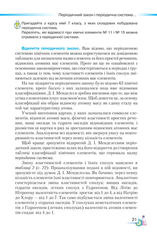 21
Періодичний закон і періодична система...
Пригадайте з курсу хімії 7 класу, з яких складових побудована
пе­
ріо­
дична система.
Перелічіть, які відомості про хімічні елементи № 11 і № 15 можна
отримати з періодичної системи.
Відкриття періодичного закону. Вам відомо, що періодичною
системою хімічних елементів можна користуватися як довідковою
таблицею для визначення назви елемента та його простої речовини,
відносних атомних мас елементів. Проте ви ще не ознайомлені з
основними закономірностями, що спостерігаються в періодах і гру-
пах, а також із тим, чому властивості елементів і їхніх сполук змі-
нюються залежно від величини атомних мас елементів.
На час відкриття періодичного закону було відомо 63 хімічні
елементи, проте багато з них залишалося поза вже відомими
класифікаціями. Д. І. Менделєєв зробив висновок про те, що між
усіма елементами існує взаємозв’язок. Щоб довести це, за основу
класифікації він обрав відносну атомну масу як єдину сталу на
той час характеристику атома.
Учений виготовив картки, у яких зазначалися символи еле-
ментів, відносні атомні маси, фізичні властивості простих речо-
вин, вищі оксиди та гідрати оксидів відповідних елементів, і
розмістив ці картки в ряд за зростанням відносних атомних мас
елементів. Аналізуючи всі відомості, він звернув увагу на повто-
рюваність властивостей через певну кількість елементів.
Щоб краще зрозуміти відкритий Д.  І.  Менделєєвим періо-
дичний закон, простежимо шлях від його відкриття до створення
таблиці класифікації хімічних елементів, що отримала назву
періодична система.
Зміну властивостей елементів і їхніх сполук наведено в
таб­
лиці 2 (с. 22). Проаналізувавши подані в ній відомості, ви
зрозумієте хід думок Д. І. Менделєєва. Як бачимо, через певну
кількість елементів їхні властивості повторюються. Аналогічно
спостерігається зміна властивостей сполук: вищих оксидів,
гідратів оксидів, летких сполук з Гідрогеном. Від Літію до
Нітрогену валентність елементів зростає від 1 до 4, а від Натрію
до Хлору — від 1 до 7. Так само відбувається зміна валентності
елементів у гідратах оксидів. У сполуках неметалічних елемен-
тів з Гідрогеном (летких сполуках) валентність атомів елемен-
тів спадає від 4 до 1.
 