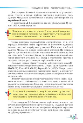 23
Періодичний закон і періодична система...
Досліджуючи й надалі властивості елементів та утворених
ними сполук, а також довівши існування природних груп,
Дмитро Менделєєв сформулював виявлену закономірність як
періодичний закон.
У трактуванні Д. І. Менделєєва, яке він сформулював 18 лю-
того 1869 р., закон звучав так:
Властивості елементів, а тому й властивості утворених
ними простих і складних тіл, перебувають у періодичній
залежності від величини їхніх атомних ваг.
Однак виявлена закономірність спостерігалася не в усіх
пе­
ріо­
дах. Виникали певні порушення зі значенням відносних
атомних мас, які потребували уточнень. Крім того, у таблиці
Дмитро Менделєєв виявив незаповнені клітинки. Це свідчило
про те, що вчений передбачив існування ще не відомих на той
час елементів. Для деяких із них учений обчислив можливі зна-
чення відносних атомних мас, склад і властивості простих і
складних сполук, указав місце в періодичній системі.
Подальші наукові відкриття довели універсальність класифі-
кації на основі періодичного закону. Згодом були відкриті Галій
Ga (№ 31), Скандій Sc (№ 21), Германій Ge (№ 32). Відкриття цих
елементів сприяло визнан­
ню періодичного закону, а періодичну
систему почали вважати справді природною класифікацією хіміч-
них елементів.
Згодом у визначенні періодичного закону термін «вага» замі-
нено на «маса», оскільки вага залежить від того, у якому місці
проводиться зважування. Маса ж є незмінною характеристикою
атома. Тому в новому трактуванні закон читається так:
Отже, створена Д. І. Менделєєвим періодична система є гра-
фічним відображенням періодичного закону. Подальші наукові
дослідження будови атома не заперечили відкриття періодич-
ного закону, а, як і передбачав учений, дали йому нове життя —
«надбудову і розвиток».
Властивості елементів, а тому й властивості утворених
ними простих і складних тіл, перебувають у періодичній
залежності від величини їхніх атомних мас.
 