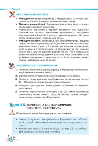 24
Тема 1
ПІД­
СУ­
МО­
ВУ­
Є­
МО ВИВЧЕНЕ
•	 Періодичний закон відкрито Д. І. Менделєєвим на основі при­
родної класифікації хімічних елементів і їхніх сполук.
•	 Ознакою класифікації обрано відносну атомну масу — єдину
сталу характеристику елементів.
•	 Розміщення елементів у порядку зростання їхніх відносних
атомних мас сприяло виявленню періодичності повторення
властивостей елементів і сполук, утворених ними. Це дало
змогу сформулювати періодичний закон.
•	 Періодичний закон є універсальним законом природи. Завдяки
цьому закону створено підґрунтя для подальших наукових від­
криттів не тільки в хімії, а й в інших природничих науках; дове­
дено існування в природі нових, не відомих на той час, хімічних
елементів і штучно добутих радіоактивних. Його подальший
розвиток забезпечує розуміння взаємозв’язків між елементами
та їхніми сполуками, сприяє відкриттю і застосуванню нових
сполук і матеріалів на їхній основі.
ЗАВ­
ДАН­НЯ ДЛЯ СамоКОН­ТРО­
ЛЮ
1.	 Поясніть, яку основну ознаку обрав Д. І. Менделєєв для класифі­
кації хімічних елементів і чому.
2.	 Сформулюйте сучасне визначення періодичного закону.
3.	 Поясніть, чому графічне відображення періодичного закону
Д. І. Менделєєв назвав періодичною системою.
4.	 Наведіть приклади на підтвердження правильності періодич­
ного закону.
5.	 Поясніть, користуючись таблицею 2 (c. 22), зміну валентності
елементів у вищих оксидах, гідратах оксидів, летких сполуках
неметалічних елементів з Гідрогеном.
§ 5. ПЕРІОДИЧНА СИСТЕМА ХІМІЧНИХ ­
          ЕЛЕМЕНТІВ, ЇЇ СТРУКТУРА
Опанувавши матеріал параграфа, ви зможете:
•	 знати, чому саме таке графічне зображення має таблиця
періодичної зміни хімічних елементів — періодична си-
стема;
•	 розрізняти великі й малі періоди, головні (А) та побічні
(Б) підгрупи періодичної системи;
 