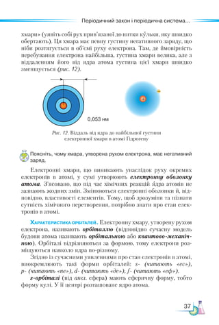 37
Періодичний закон і періодична система...
хмари» (уявіть собі рух прив’язаної до нитки кульки, яку швидко
обертають). Ця хмара має певну густину негативного заряду, що
ніби розтягується в об’ємі руху електрона. Там, де ймовірність
перебування електрона найбільша, густина хмари велика, але з
віддаленням його від ядра атома густина цієї хмари швидко
зменшується (рис. 12).
0,053 нм
Рис. 12. Віддаль від ядра до найбільшої густини
електрон­
ної хмари в атомі Гідрогену
Поясніть, чому хмара, утворена рухом електрона, має негативний
заряд.
Електронні хмари, що виникають унаслідок руху окремих
електронів в атомі, у сумі утворюють електронну оболонку
атома. З’ясовано, що під час хімічних реакцій ядра атомів не
зазнають жодних змін. Змінюються електронні оболонки й, від-
повідно, властивості елементів. Тому, щоб зрозуміти та пізнати
сутність хімічного перетворення, потрібно знати про стан елек-
тронів в атомі.
Характеристика орбіталей. Електронну хмару, утворену рухом
електрона, називають орбіталлю (відповідно сучасну модель
будови атома називають орбітальною або квантово-механіч­
ною). Орбіталі відрізняються за формою, тому електрони роз-
міщуються навколо ядра по-різному.
Згідно із сучасними уявленнями про стан електронів в атомі,
виокремлюють такі форми орбіталей: s- (читають «ес»),
p- (читають «пе»), d- (читають «де»), f- (читають «еф»).
s-орбіталі (від англ. сфера) мають сферичну форму, тобто
форму кулі. У її центрі розташоване ядро атома.
 