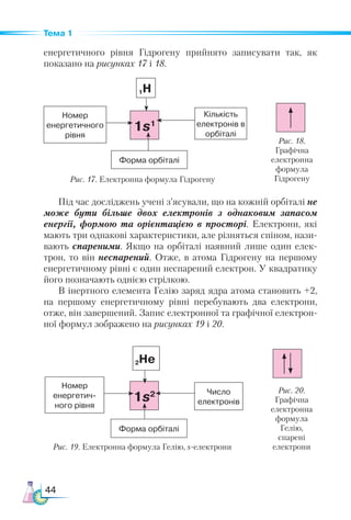 44
Тема 1
енергетичного рівня Гід­
рогену прийнято записувати так, як
показано на рисунках 17 і 18.
Номер
енергетичного
рівня
Кількість
електронів в
орбіталі
Форма орбіталі
1Н
1s1
Рис. 17. Електронна формула Гідрогену
Рис. 18.
Графічна
електронна
формула
Гідрогену
Номер
енергетич-
ного рівня
Число
електронів
Форма орбіталі
2Нe
1s2
Рис. 19. Електронна формула Гелію, s-електрони
Рис. 20.
Графічна
електронна
формула
Гелію,
спарені
електрони
Під час досліджень учені з’ясували, що на кожній орбіталі не
може бути більше двох електронів з однаковим запасом
енергії, формою та орієнтацією в просторі. Електрони, які
мають три однакові характеристики, але різняться спіном, нази-
вають спареними. Якщо на орбіталі наявний лише один елек-
трон, то він неспарений. Отже, в атома Гідрогену на першому
енергетичному рівні є один неспарений електрон. У квад­
ратику
його позначають однією стрілкою.
В інертного елемента Гелію заряд ядра атома становить +2,
на першому енергетичному рівні перебувають два електрони,
отже, він завершений. Запис електронної та графічної електрон-
ної формул зображено на рисунках 19 і 20.
 