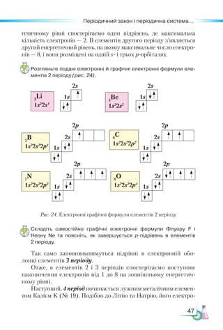 47
Періодичний закон і періодична система...
гетичному рівні спостерігаємо один підрівень, де максимальна
кількість електронів — 2. В елементів другого періоду з’являється
другий енергетичний рівень, на якому максимальне число електро-
нів — 8, і вони розміщені на одній s- і трьох р-орбіталях.
Розгляньте подані електронні й графічні електронні формули еле­
ментів 2 періоду (рис. 24).
1s
  
3
Li
1s2
2s1
4
Be
1s2
2s2
1s
2s 2s
     
5
B
1s2
2s2
2p1
6
C
1s2
2s2
2p2
2s
1s
2s
1s
2p 2p
1s 1s
2s 2s
     
7
N
1s2
2s2
2p3
8
O
1s2
2s2
2p4
2p 2p
Рис. 24. Електронні графічні формули елементів 2 періоду
Складіть самостійно графічні електронні формули Флуору F і
Неону Ne та поясніть, як завершується р-підрівень в елементів
2 періоду.
Так само заповнюватимуться підрівні в електронній обо-
лонці елементів 3 періоду.
Отже, в елементів 2 і 3 періодів спостерігаємо поступове
накопичення електронів від 1 до 8 на зовнішньому енергетич-
ному рівні.
Наступний, 4 період починається лужним металічним елемен-
том Калієм K (№ 19). Подібно до Літію та Натрію, його електро-
 