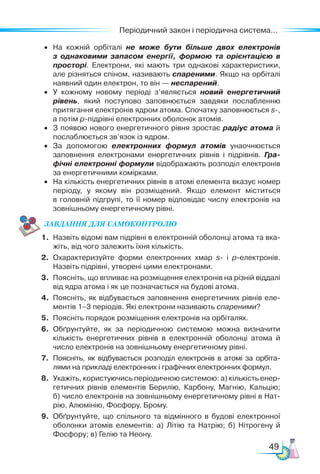 49
Періодичний закон і періодична система...
•	 На кожній орбіталі не може бути більше двох електронів
з однаковими запасом енергії, формою та орієнтацією в
просторі. Електрони, які мають три однакові характеристики,
але різняться спіном, називають спареними. Якщо на орбіталі
наявний один електрон, то він — неспарений.
•	 У кожному новому періоді з’являється новий енергетичний
рівень, який поступово заповнюється завдяки послабленню
притягання електронів ядром атома. Спочатку заповнюється s-,
а потім р-підрівні електронних оболонок атомів.
•	 З появою нового енергетичного рівня зростає радіус атома й
послаблюється зв’язок із ядром.
•	 За допомогою електронних формул атомів унаочнюється
заповнення електронами енергетичних рівнів і підрівнів. Гра­
фічні електронні формули відображають розподіл електронів
за енергетичними комірками.
•	 На кількість енергетичних рівнів в атомі елемента вказує номер
періоду, у якому він розміщений. Якщо елемент міститься
в головній підгрупі, то її номер відповідає числу електронів на
зовнішньому енергетичному рівні.
ЗАВ­
ДАН­НЯ ДЛЯ СамоКОН­ТРО­
ЛЮ
1.	 Назвіть відомі вам підрівні в електронній оболонці атома та вка­
жіть, від чого залежить їхня кількість.
2.	 Охарактеризуйте форми електронних хмар s- і р-електронів.
Назвіть підрівні, утворені цими електронами.
3.	 Поясніть, що впливає на розміщення електронів на різній віддалі
від ядра атома і як це позначається на будові атома.
4.	 Поясніть, як відбувається заповнення енергетичних рівнів еле­
ментів 1–3 періодів. Які електрони називають спареними?
5.	 Поясніть порядок розміщення електронів на орбіталях.
6.	 Обґрунтуйте, як за періодичною системою можна визначити
кількість енергетичних рівнів в електронній оболонці атома й
число електронів на зовнішньому енергетичному рівні.
7.	 Поясніть, як відбувається розподіл електронів в атомі за орбіта­
лями на прикладі електронних і графічних електронних формул.
8.	 Укажіть, користуючись періодичною системою: а) кількість енер­
гетичних рівнів елементів Берилію, Карбону, Магнію, Кальцію;
б) число електронів на зовнішньому енергетичному рівні в Нат­
рію, Алюмінію, Фосфору, Брому.
9.	 Обґрунтуйте, що спільного та відмінного в будові електронної
оболонки атомів елементів: а)  Літію та Натрію; б) Нітрогену й
Фос­
фо­
ру; в) Гелію та Неону.
 