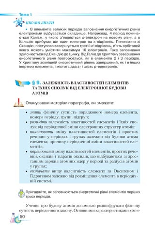 50
Тема 1
Цікаво знати
•	 В елементів великих періодів заповнення енергетичних рівнів
електронами відбувається складніше. Наприклад, 4 період почина­
ється Калієм, у якого з’являється s-електрон на новому рівні, а в
Кальцію прибуває ще один електрон на s-підрівень. Починаючи зі
Скандію, поступово завершується третій d-під­
рівень, п’ять орбіталей
якого можуть умістити мак­
си­
мум 10  електронів. Таке заповнення
здійснюється від Скан­
дію до Цинку. Від Галію до Криптону завершення
енер­
гетичного рівня повторюється, як в елементів 2 і 3 періодів.
У Криптону зовнішній енергетичний рівень завершений, як і в інших
інертних елементів, і містить два s- і шість р-електронів.
§ 9. ЗАЛЕЖНІСТЬ ВЛАСТИВОСТЕЙ ЕЛЕМЕНТІВ­
ТА ЇХНІХ СПОЛУК ВІД ЕЛЕКТРОННОЇ БУДОВИ
АТОМІВ
Опанувавши матеріал параграфа, ви зможете:
•	 знати фізичну сутність порядкового номера елемента,
номера періоду, групи, підгруп;
•	 розуміти залежність властивостей елементів і їхніх спо-
лук від періодичної зміни електронних структур атомів;
•	 пояснювати зміну властивостей елементів і простих
речовин у періодах і групах залежно від будови атома
елемента; причину періодичної зміни властивостей еле-
ментів;
•	 порівнювати зміну властивостей елементів, простих речо-
вин, оксидів і гідратів оксидів, що відбуваються зі зрос-
танням зарядів атомних ядер у періоді та радіусів атомів
у групах;
•	 визначати вищу валентність елемента за Оксигеном і
Гідрогеном залежно від розміщення елемента в періодич-
ній системі.
Пригадайте, як заповнюються енергетичні рівні елементів перших
трьох періодів.
Учення про будову атомів допомогло розшифрувати фізичну
сутність періодичного закону. Основними характеристиками хіміч-
 