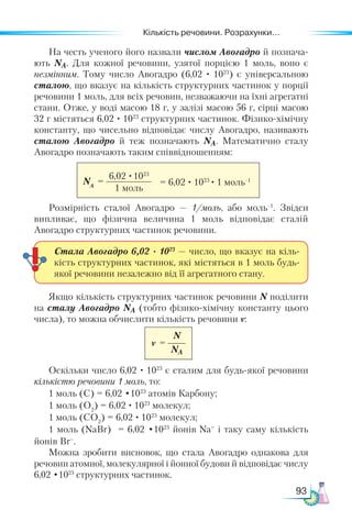Кількість речовини. Розрахунки...
93
На честь ученого його назвали числом Авогадро й познача-
ють NА. Для кожної речовини, узятої порцією 1 моль, воно є
незмінним. Тому число Авогадро (6,02 · 1023
) є універсальною
сталою, що вказує на кількість структурних частинок у порції
речовини 1 моль, для всіх речовин, незважаючи на їхні агрегатні
стани. Отже, у воді масою 18 г, у залізі масою 56 г, сірці масою
32 г містяться 6,02 · 1023
структурних частинок. Фізико-хімічну
константу, що чисельно відповідає числу Авогадро, називають
сталою Авогадро й теж позначають NА. Математично сталу
Авогадро позначають таким співвідношенням:
								
Розмірність сталої Авогадро — 1/моль, або моль–1
. Звідси
випливає, що фізична величина 1 моль відповідає сталій
Авогадро структурних частинок речовини.
Якщо кількість структурних частинок речовини N поділити
на сталу Авогадро NA (тобто фізико-хімічну константу цього
числа), то можна обчислити кількість речовини ν:
						
Оскільки число 6,02 · 1023
є сталим для будь-якої речовини
кількістю речовини 1 моль, то:
1 моль (С) = 6,02 •1023
атомів Карбону;
1 моль (O2
) = 6,02 · 1023
молекул;
1 моль (CO2
) = 6,02 · 1023
молекул;
1 моль (NaBr) = 6,02 •1023
йонів Na+
і таку саму кількість
йонів Br–
.
Можна зробити висновок, що стала Авогадро однакова для
речовин атомної, молекулярної і йонної будови й відповідає числу
6,02 •1023
структурних частинок.
6,02 ·1023
1 моль
NA
= = 6,02 · 1023
· 1 моль–1
Стала Авогадро 6,02 · 1023
— число, що вказує на кіль-
кість структурних частинок, які містяться в 1 моль будь-
якої речовини незалежно від її агрегатного стану.
N
NA
ν =
 
