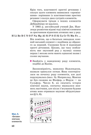 Крім того, властивості простої речовини і
сполук цього елемента виявилися «проміж#
ними» порівняно із властивостями простих
речовин і сполук двох сусідніх елементів.
Сформувати тріади з інших елементів
Деберайнеру не вдалося.
У 1865 р. англійський учений Дж. Нью#
лендс розмістив відомі тоді хімічні елементи
за зростанням відносних атомних мас у ряд:
H Li Be B C N O F Na Mg Al Si P S Cl K Ca Cr Ті Mn Fe ...
Він помітив, що в багатьох випадках кож#
ний восьмий елемент є подібним до обрано#
го за перший. Схожими були й відповідні
прості речовини. Цікаво, що таку особли#
вість має звуковий ряд у музиці: кожна
перша і восьма ноти мають однакові назви і
схоже звучання.
 Знайдіть у наведеному ряду елементи,
подібні до Калію.
Закономірність, виявлену Ньюлендсом,
назвали правилом октав. Вона спостеріга#
лася на початку ряду елементів, але далі
порушувалась (мал. 5). Наприклад, Манган
не був схожим на Фосфор, а Ферум — на
Сульфур. Число 8, як свідчить історія
хімічної науки, спочатку вважалося яки#
мось магічним, але після з’ясування будови
атома воно отримало наукове обґрунтуван#
ня (§ 5, 6).
10
Мал. 5.
«Октави»
хімічних
елементів
H
F
Cl K Ca
Cr Ti
MnFe
NaMgAl Si P S
Li Be B C N O
 