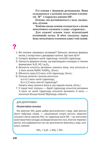 Усі основи є йонними речовинами. Вони
складаються з катіонів металічних елемен(
тів Мn+
і гідроксид(аніонів ОН–
.
Основи, які розчиняються у воді, назива(
ють лгами.
Хімічна назва основи складається з назви
металічного елемента і слова «гідроксид».
Для кожної основи існує відповідний
(оснвний) оксид. В обох сполуках заряд
йона металічного елемента один і той самий.
?
1. Які сполуки називають основами? Запишіть загальну формулу
основ, у складі яких є двозарядні катіони. Що таке лги?
2. Складіть формули цезій гідроксиду, титан(ІІІ) гідроксиду.
3. Напишіть формули основ, що відповідають оксидам із такими
формулами: K2O, VO, La2O3.
4. Визначте кількість речовини кожного йона, яка міститься в
1 моль основ NaOH, Fe(OH)2. (Усно.)
5. Обчисліть масу 0,2 моль літій гідроксиду. (Усно.)
6. Скільки катіонів і аніонів міститься:
а) в 0,1 моль калій гідроксиду;
б) в 1/2 моль магній гідроксиду?
Назвіть масу кожного йона в цих порціях основ. (Усно.)
7. У порції якої сполуки — барій гідроксиду кількістю речовини
3 моль чи калій гідроксиду кількістю речовини 4 моль —
міститься більше йонів? Відповідь поясніть.
ДЛЯ ДОПИТЛИВИХ
Незвичайна основа
Газ амоніак NH3 дуже добре розчиняється у воді. Цей розчин
(його побутова назва — нашатирний спирт) містить невеликі
кількості йонів амонію NH4
+
та гідроксидіонів OH–
і за хімічними
властивостями нагадує розведений розчин лугу. Хімічне перетво
рення, яке відбувається під час розчинення амоніаку у воді, опи
сують схемою
NH3 + H2O → NH4
+
+ OH–
,
130
 
