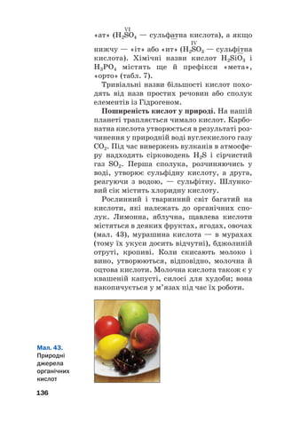 VI
«ат» (Н2SO4 — сульфатна кислота), а якщо
IV
нижчу — «іт» або «ит» (Н2SO3 — сульфітна
кислота). Хімічні назви кислот H2SiO3 і
H3PO4 містять ще й префікси «мета»,
«орто» (табл. 7).
Тривіальні назви більшості кислот похо#
дять від назв простих речовин або сполук
елементів із Гідрогеном.
Поширеність кислот у природі. На нашій
планеті трапляється чимало кислот. Карбо#
натна кислота утворюється в результаті роз#
чинення у природній воді вуглекислого газу
СО2. Під час вивержень вулканів в атмосфе#
ру надходять сірководень H2S і сірчистий
газ SO2. Перша сполука, розчиняючись у
воді, утворює сульфідну кислоту, а друга,
реагуючи з водою, — сульфітну. Шлунко#
вий сік містить хлоридну кислоту.
Рослинний і тваринний світ багатий на
кислоти, які належать до органічних спо#
лук. Лимонна, яблучна, щавлева кислоти
містяться в деяких фруктах, ягодах, овочах
(мал. 43), мурашина кислота — в мурахах
(тому їх укуси досить відчутні), бджолиній
отруті, кропиві. Коли скисають молоко і
вино, утворюються, відповідно, молочна й
оцтова кислоти. Молочна кислота також є у
квашеній капусті, силосі для худоби; вона
накопичується у м’язах під час їх роботи.
136
Мал. 43.
Природні
джерела
органічних
кислот
 