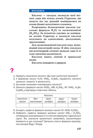 ВИСНОВКИ
Кислота — сполука, молекула якої міс(
тить один або кілька атомів Гідрогену, що
можуть під час реакцій заміщуватися на
атоми (йони) металічного елемента.
Розрізняють безоксигенові кислоти (за(
гальна формула HnE) та оксигеновмісні
(HmEOn). За кількістю здатних до заміщен(
ня атомів Гідрогену в молекулі кислоти
поділяють на однооснвні, двохоснвні,
трьохоснвні.
Для оксигеновмісної кислоти існує відпо(
відний (кислотний) оксид. В обох сполуках
кислототворний елемент виявляє одне й те
саме значення валентності.
Кислоти мають хімічні й тривіальні
назви.
Кислоти поширені в природі.
?
1. Наведіть означення кислоти. Що таке кислотний залишок?
2. У формулах кислот H2Te, HNO2, H3AsO4 підкресліть кислотні
залишки і вкажіть їх валентність.
3. За якими ознаками класифікують кислоти?
4. Запишіть формули кислот HClO3, HBr, H2TeO3, HF, HNO2, H2Se,
H3AsO4 у відповідні стовпчики таблиці:
137
Кислоти
оксигено
вмісні
без
оксигенові
одно
оснвні
двох
оснвні
трьох
оснвні
5. Складіть графічні формули молекул кислот HІ, HClO, H2TeO3.
6. Зобразіть графічні формули молекул кислот HIO3 і H2TeO4,
попередньо виокремивши в їх хімічних формулах гідроксильні
групи. Які значення валентності виявляють кислототворні
елементи в цих сполуках? Запишіть хімічні формули відповід
них оксидів Йоду і Телуру.
 