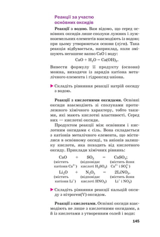 Реакції за участю
оснвних оксидів
Реакції з водою. Вам відомо, що серед ос#
нвних оксидів лише сполуки лужних і луж#
ноземельних елементів взаємодіють із водою;
при цьому утворюються основи (лги). Така
реакція відбувається, наприклад, коли змі#
шують негашене вапно CaO і воду:
СаО + Н2О = Са(ОН)2.
Вивести формулу її продукту (основи)
можна, виходячи із зарядів катіона мета#
лічного елемента і гідроксид#аніона.
 Складіть рівняння реакції натрій оксиду
з водою.
Реакції з кислотними оксидами. Оснвні
оксиди взаємодіють зі сполуками проти#
лежного хімічного характеру, тобто таки#
ми, які мають кислотні властивості. Серед
них — кислотні оксиди.
Продуктом реакції між оснвним і кис#
лотним оксидами є сіль. Вона складається
з катіонів металічного елемента, що місти#
лися в оснвному оксиді, та аніонів залиш#
ку кислоти, яка походить від кислотного
оксиду. Приклади хімічних рівнянь:
CaO + SO3 = CaSO4;
(містить (відповідає (містить йони
катіони Са2+
) кислоті H2SO4) Ca2+
і SO4
2–
)
Li2O + N2O5 = 2LiNO3.
(містить (відповідає (містить йони
катіони Li+
) кислоті HNO3) Li+
і NO3
–
)
 Складіть рівняння реакції кальцій окси#
ду з нітроген(V) оксидом.
Реакції з кислотами. Оснвні оксиди взає#
модіють не лише з кислотними оксидами, а
й із кислотами з утворенням солей і води:
145
 