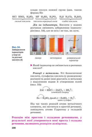 клади сполук кожної групи (див. також
форзац ІІ):
HCl HNO3 H2SO4 HF H2SO3 H3PO4 H2S H2CO3 H2SiO3
сильні кислоти кислоти середньої сили слабкі кислоти
Дія на індикатори. Кислоти у водних
розчинах змінюють забарвлення індикато#
рів (мал. 54), але не всіх і не так, як луги.
166
лакмус метилоранж універсальний
індикатор
Мал. 54.
Забарвлення
індикаторів
у воді (а)
та розчині
кислоти (б)
а б а б б
 Який індикатор не змінюється в розчинах
кислот?
Реакції з металами. Усі безоксигенові
кислоти, сульфатна кислота (у розведеному
розчині) та деякі інші реагують із металами
з виділенням водню й утворенням солей
(мал. 55):
2Al + 6HCl = 2AlCl3 + 3H2↑;
алюміній хлорид
Zn + H2SO4 (розб.) = ZnSO4 + H2↑.
цинк сульфат
Під час таких реакцій атоми металічного
елемента, які містяться в простій речовині,
заміщують атоми Гідрогену у складній
речовині.
Реакцію між простою і складною речовинами, у
результаті якої утворюються нові проста і складна
речовини, називають реакцією заміщення.
 