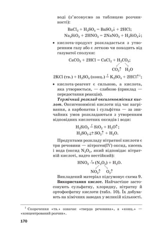 воді (з’ясовуємо за таблицею розчин#
ності):
BaCl2 + H2SO4 = BaSO4↓ + 2HCl;
Na2SiO3 + 2HNO3 = 2NaNO3 + H2SiO3↓;
• кислота#продукт розкладається з утво#
ренням газу або є леткою чи походить від
газуватої сполуки:
CaCO3 + 2HCl = CaCl2 + H2CO3;

CO2↑ H2O
t
2KCl (тв.) + H2SO4 (конц.) = K2SO4 + 2HCl↑1
;
• кислота#реагент є сильною, а кислота,
яка утворюється, — слабкою (приклад —
передостання реакція).
Термічний розклад оксигеновмісних кис
лот. Оксигеновмісні кислоти під час нагрі#
вання, а карбонатна і сульфітна — за зви#
чайних умов розкладаються з утворенням
відповідних кислотних оксидів і води:
t
H2SiO3 = SiO2 + H2O↑;
H2SO3
→
← SO2↑ + H2O.
Продуктами розкладу нітратної кислоти є
три речовини — нітроген(IV) оксид, кисень
і вода (оксид N2O5, який відповідає нітрат#
ній кислоті, надто нестійкий):
t
HNO3 → (N2O5) + H2O.

NO2↑ O2↑
Викладений матеріал підсумовує схема 9.
Використання кислот. Найчастіше засто#
совують сульфатну, хлоридну, нітратну й
ортофосфатну кислоти (табл. 10). Їх добува#
ють на хімічних заводах у великій кількості.
170
1
Скорочення «тв.» означає «тверда речовина», а «конц.» —
«концентрований розчин».
 