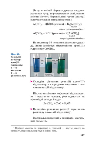 Якщо алюміній гідроксид реагує з водним
розчином лугу, то утворюються солі, в яких
аніони містять гідроксильні групи (реакції
відбуваються за звичайних умов):
Al(OH)3 + 3KOH (розчин) = K3[Al(OH)6];
калій
гексагідроксоалюмінат1
Al(OH)3 + KOH (розчин) = K[Al(OH)4].
калій
тетрагідроксоалюмінат
На малюнку 59 показано результат дослі#
ду, який засвідчує амфотерність хром(ІІІ)
гідроксиду Cr(OH)3.
177
1
Префікс «гекса» (в перекладі з грецької — шість) указує на
кількість гідроксильних груп в аніоні солі.
а
HCl NaOH
б
Cr(OH)3
⇒
⇐
Мал. 59.
Результат
взаємодії
хром(ІІІ)
гідроксиду:
а — із
кислотою;
б — із
розчином лугу
 Складіть рівняння реакцій хром(ІІІ)
гідроксиду з хлоридною кислотою і роз#
чином натрій гідроксиду.
Під час нагрівання амфотерні гідроксиди,
як і нерозчинні основи, розкладаються на
відповідні оксиди і воду:
t
Zn(OH)2 = ZnO + H2O↑.
 Напишіть рівняння реакції термічного
розкладу алюміній гідроксиду.
Матеріал, викладений у параграфі, узагаль#
нює схема 10.
 